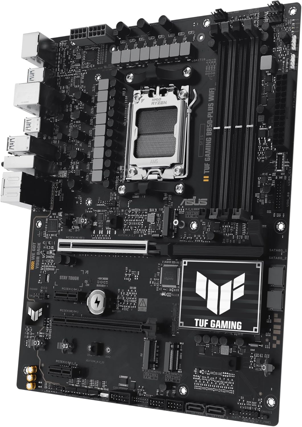ASUS TUF GAMING B850-PLUS WIFI – Placa base AMD ATX, 14+2+1 etapas de potencia DrMOS 80A, DDR5, PCIe 5.0, 3 ranuras M.2, WiFi 7, Realtek 2.5Gb Ethernet, DisplayPort, HDMI, USB 20Gbps Tipo-C, Aura Sync 7