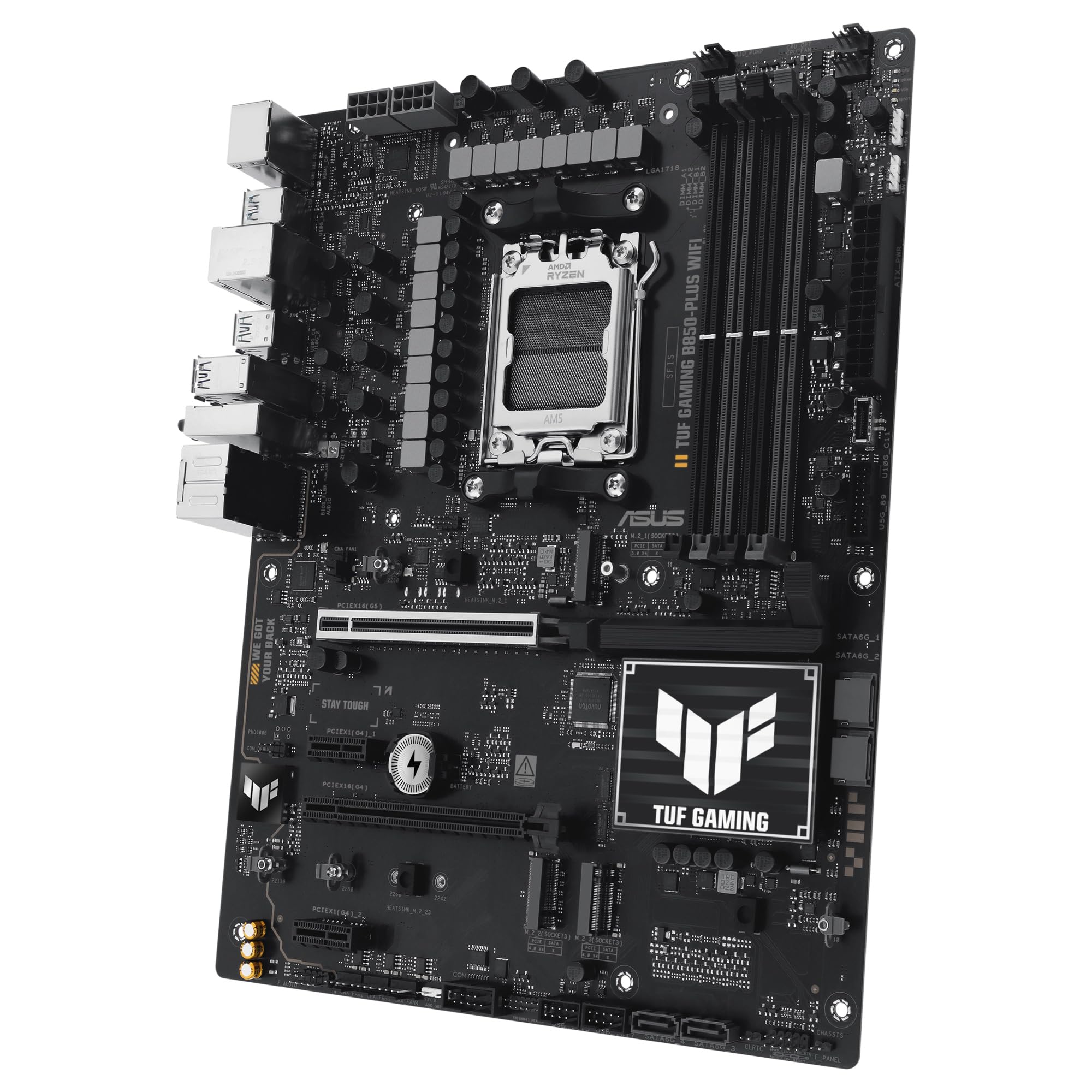 ASUS TUF GAMING B850-PLUS WIFI - Placa base AMD ATX, 14+2+1 etapas de potencia DrMOS 80A, DDR5, PCIe 5.0, 3 ranuras M.2, WiFi 7, Realtek 2.5Gb Ethernet, DisplayPort, HDMI, USB 20Gbps Tipo-C, Aura Sync