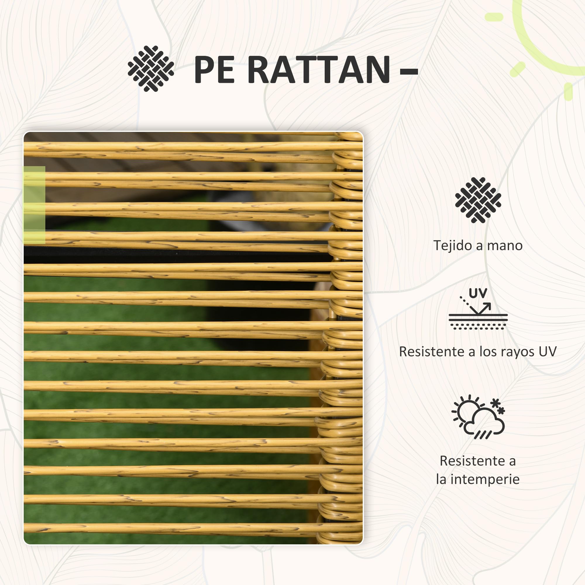 Outsunny Conjunto de Muebles de Jardín 3 Piezas Diseño Anidado Juego de Sillas y Mesa de Ratán con Respaldo Plegable Cojines y Mesa con Tablero de Vidrio Templado para Patio Terraza Natural y Negro