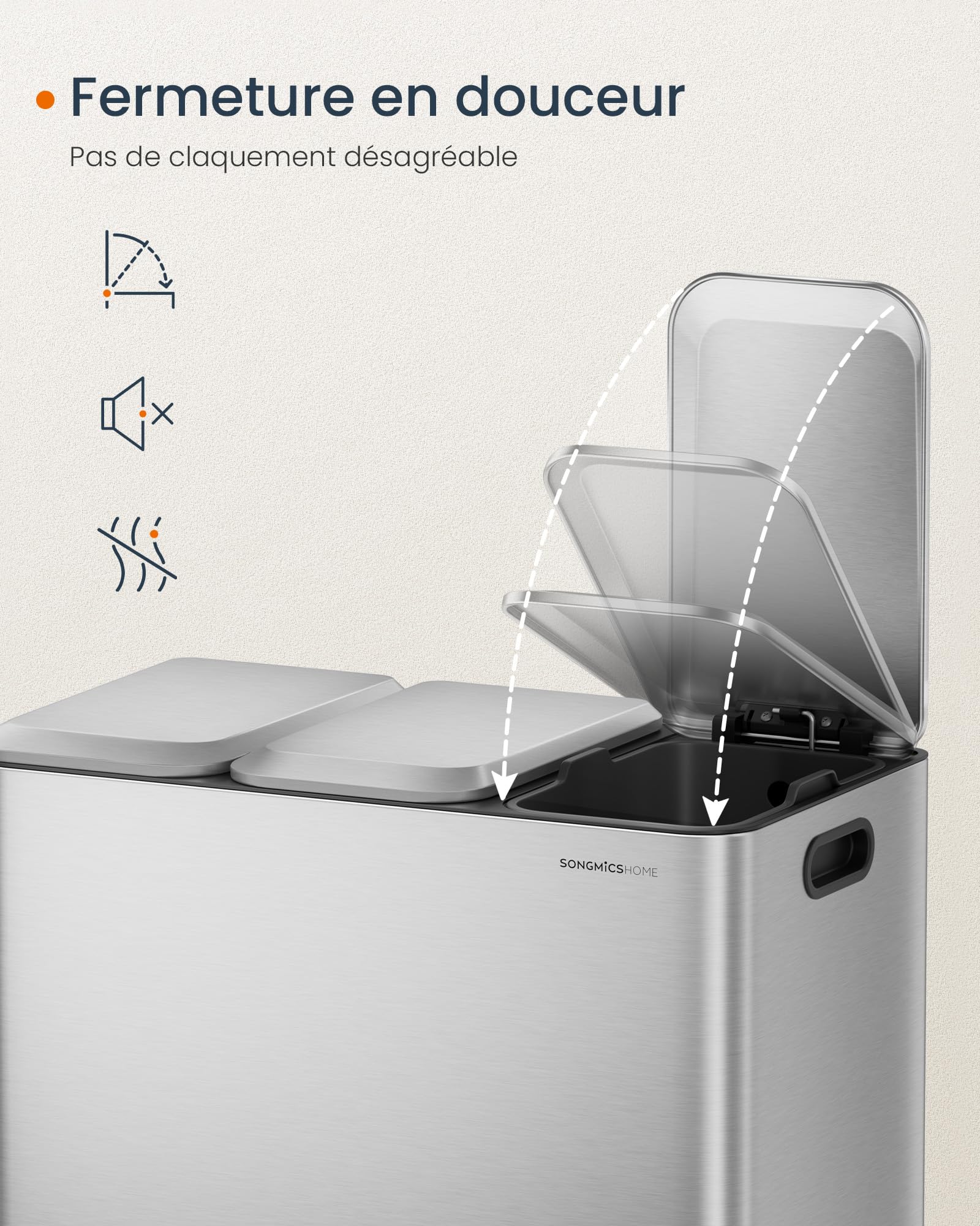 SONGMICS HOME Poubelle Triple de Cuisine, Poubelle Recyclage 3 x 15 L avec Pédales Couleur, Système de Séparation Déchets, avec Couvercles et Seaux Intérieurs, Acier, Argent Métallique LTB740E45V1
