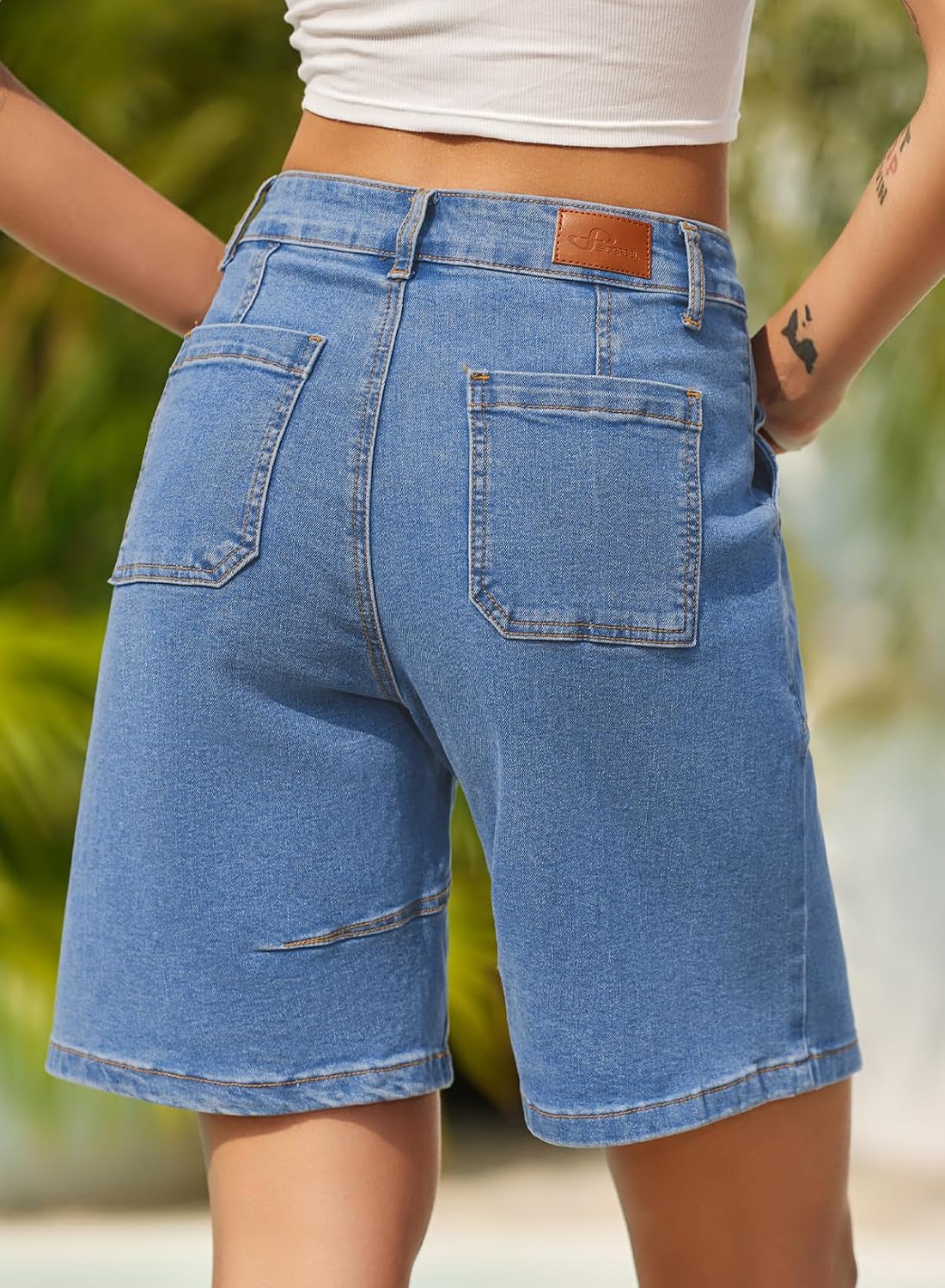 Sidefeel Women's Jean Shorts High Waisted Stretchy Bermuda Pleated Denim Summer Shorts