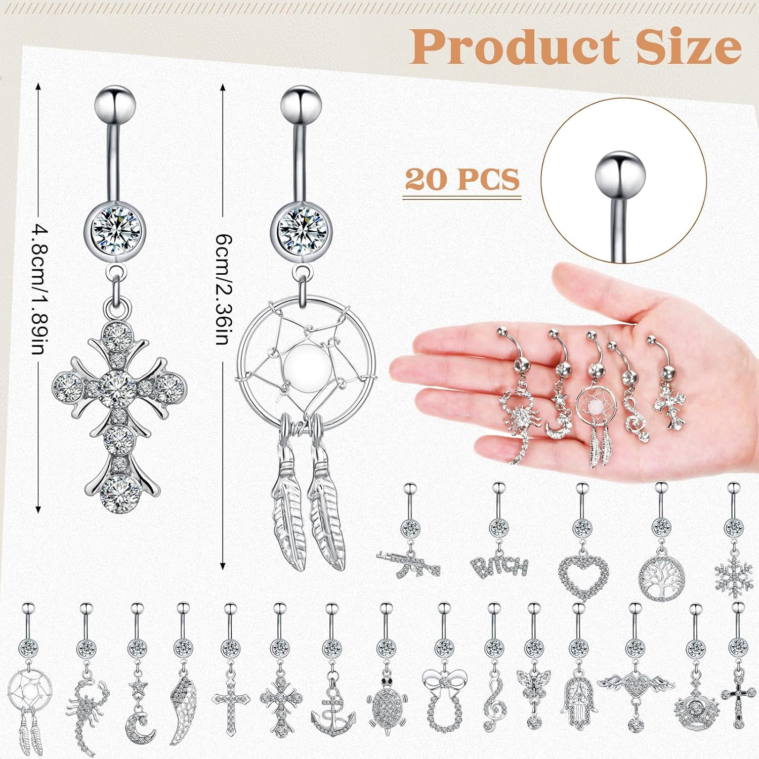 Junkin 20 Pcs 14G Dangle Belly Button Ring, Dangling 316L Surgical Navel Rings Cubic Zirconia Belly Piercing Jewelry