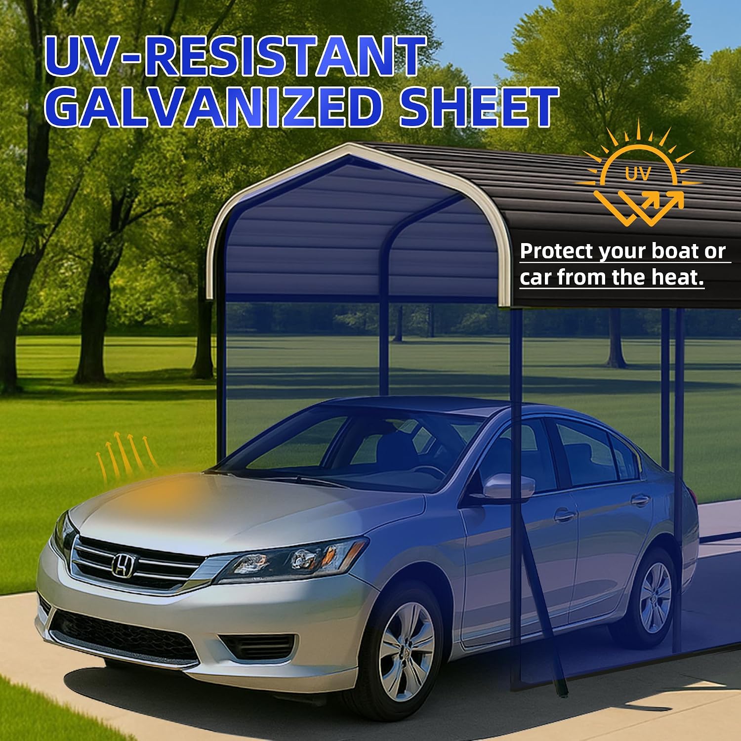 12x24 FT Metal Carport with Base Fixings Heavy Duty Garage Outdoor Chrome Plated Frame and Sheet Metal Construction Suitable for Boats, Cars, Tractors and Agricultural Equipment, Dark Gray