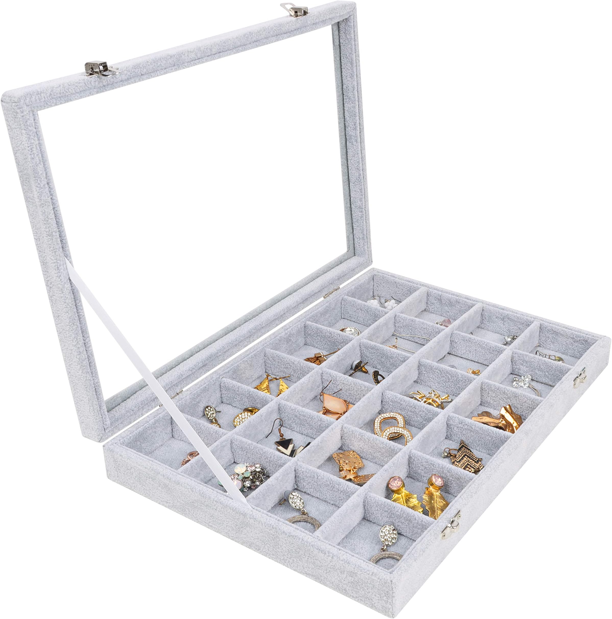 BELLE VOUS Velvet Jewellery Box - Earring Storage Organiser with 24 Grids & Clear Glass Lid - Grey Jewellery Storage Display Case for Rings, Earrings, Charms, Pendants