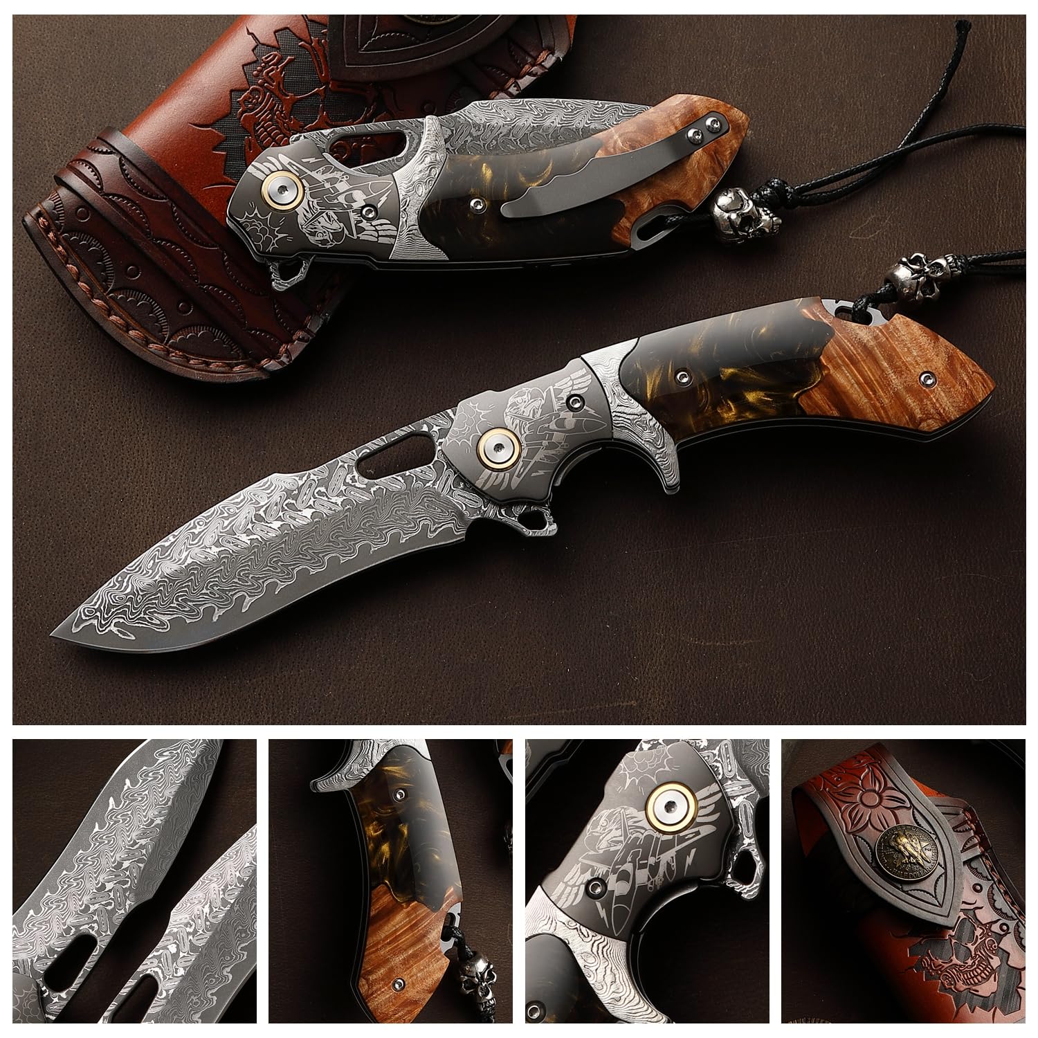 Handgefertigtes Klappmesser aus Damaszenerstahl, Taschenmesser für Herren, mit Lederscheide und Gürtelclip, Griff aus Ahorn mit Harzbeschichtung, ideal für Outdoor-Aktivitäten wie Wandern und Camping