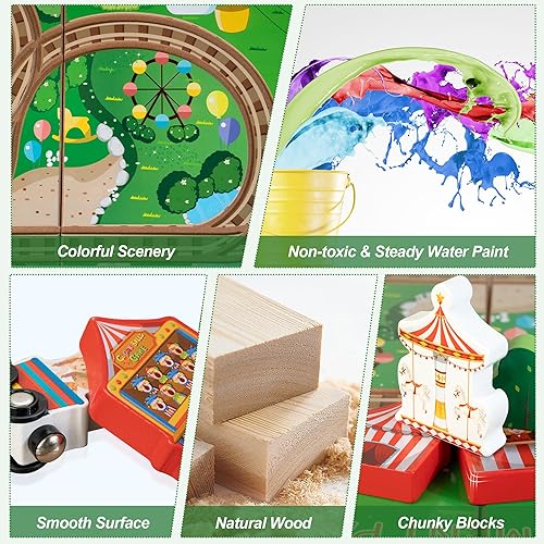 Miniatura 4 de Juego de pista de tren para llevar con caja de almacenamiento 2 en 1, juego de tren de madera para niños pequeños de 2 a 4 años, juguete de tren de