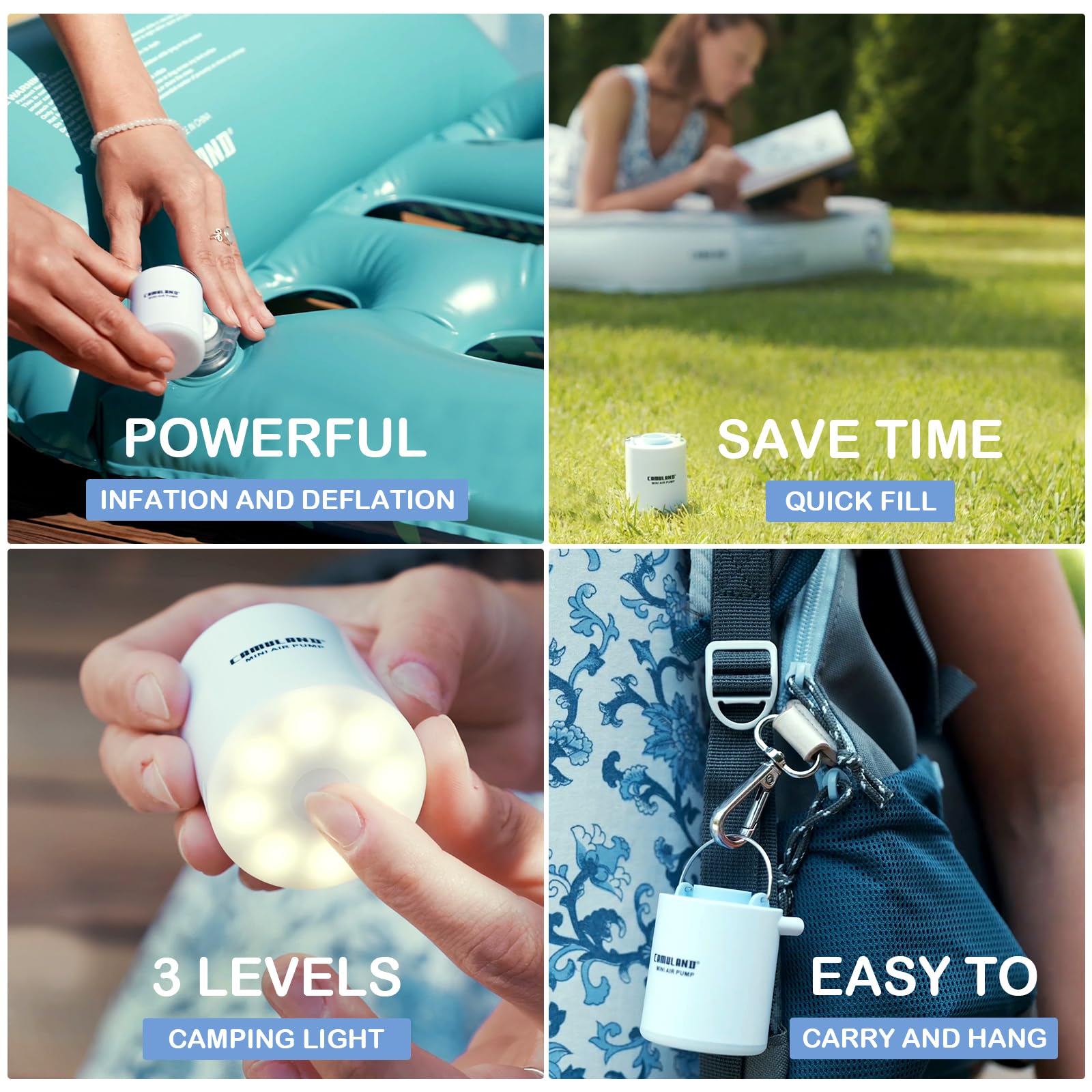 CAMULAND Mini Air Pump, Sleeping Pad Pump Portable Air Pump for Inflatable with 1300mAh Battery USB Rechargeable Camping Light 5 Nozzles for Air Mattress, Pool Floats,Vacuum Storage Bag Product Image 6