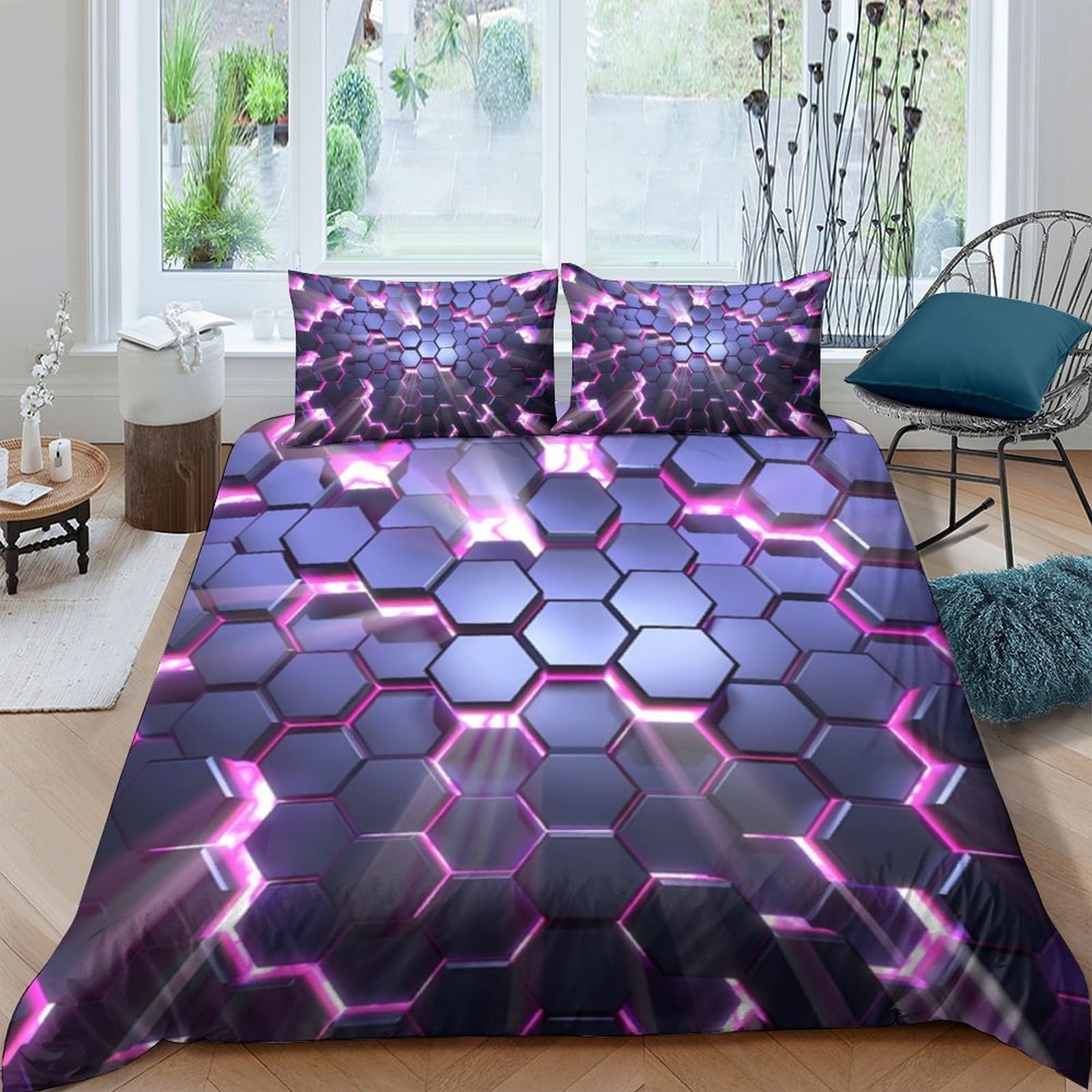Ctjqhvkz Style-2 3D Printed Purple Hexagon Fitted Sheet Microfiber Soft Geometric Bed Cover For Bedroom Dorm Mattress Protection Decor Single（135X200cm）