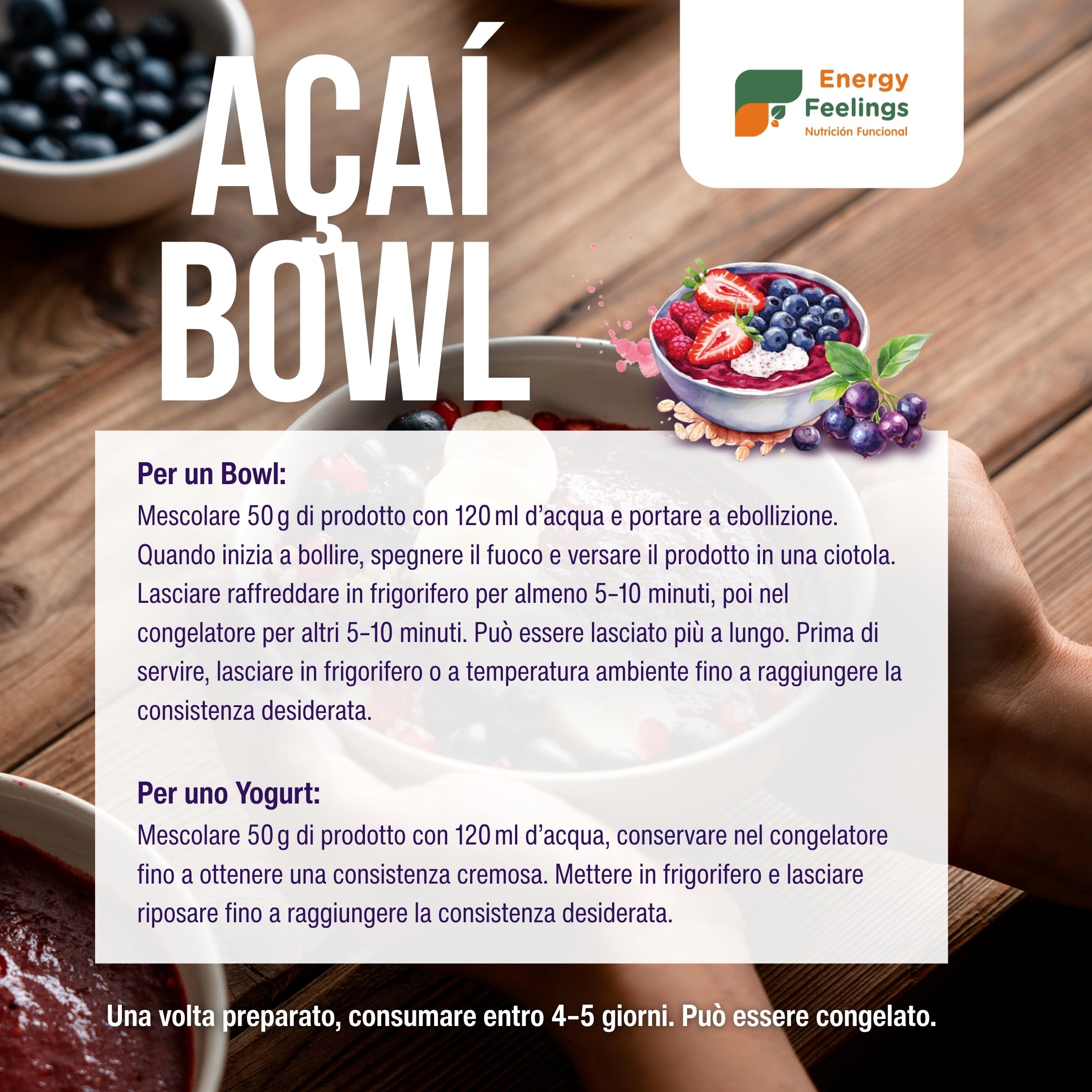 Energy Feelings Preparato per Acai Bowl Bio. Con Bacche di Acai in Polvere, Avena, Cocco... Frutta Liofilizzata Senza Zucchero Aggiunto con proprietà Antiossidanti. 500 G
