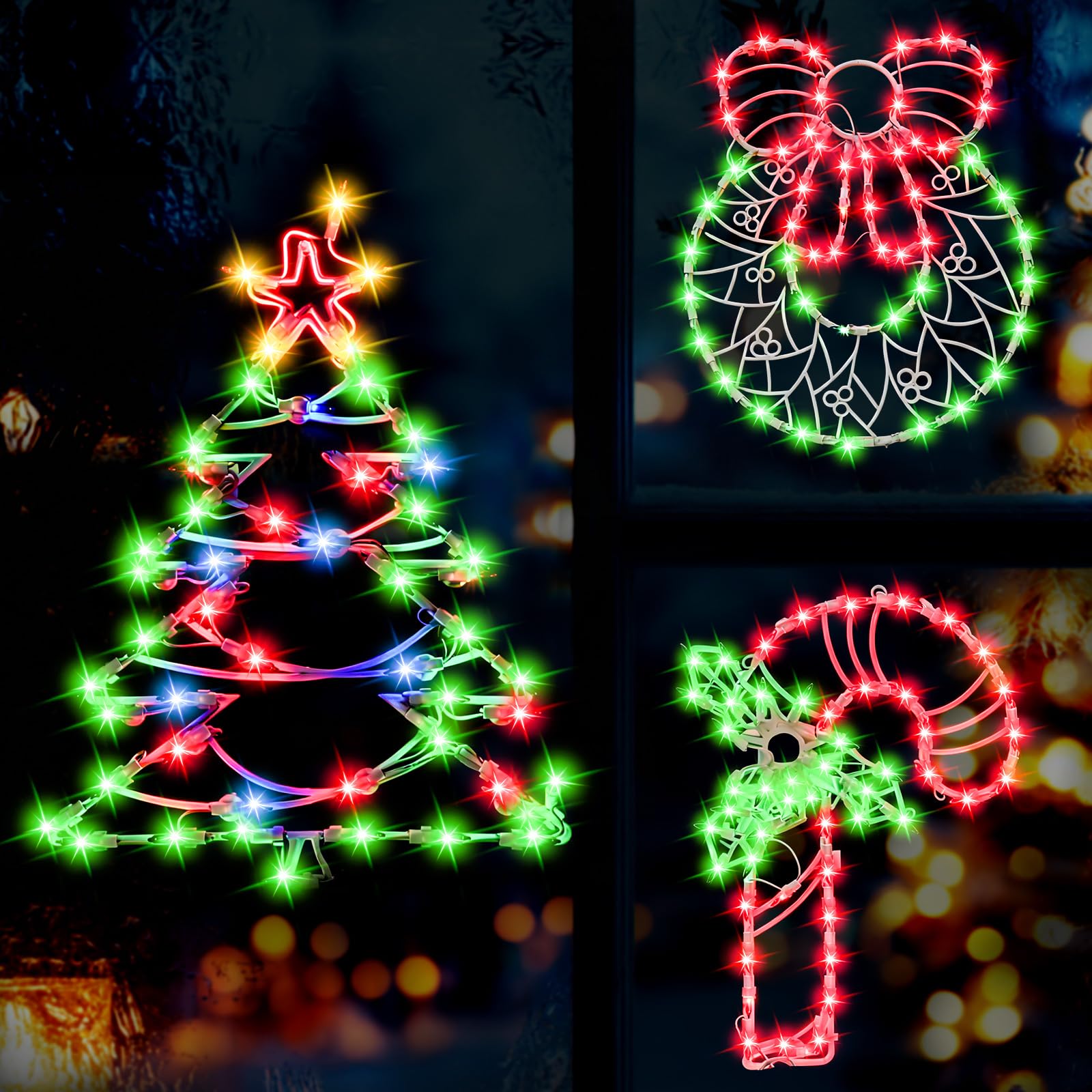 3 Pack 16" Christmas Window Hanging Lights, Christmas Window Silhouette Lights for Holiday Wall Indoor Decorations (Wreath, Tree and Candy Cane)