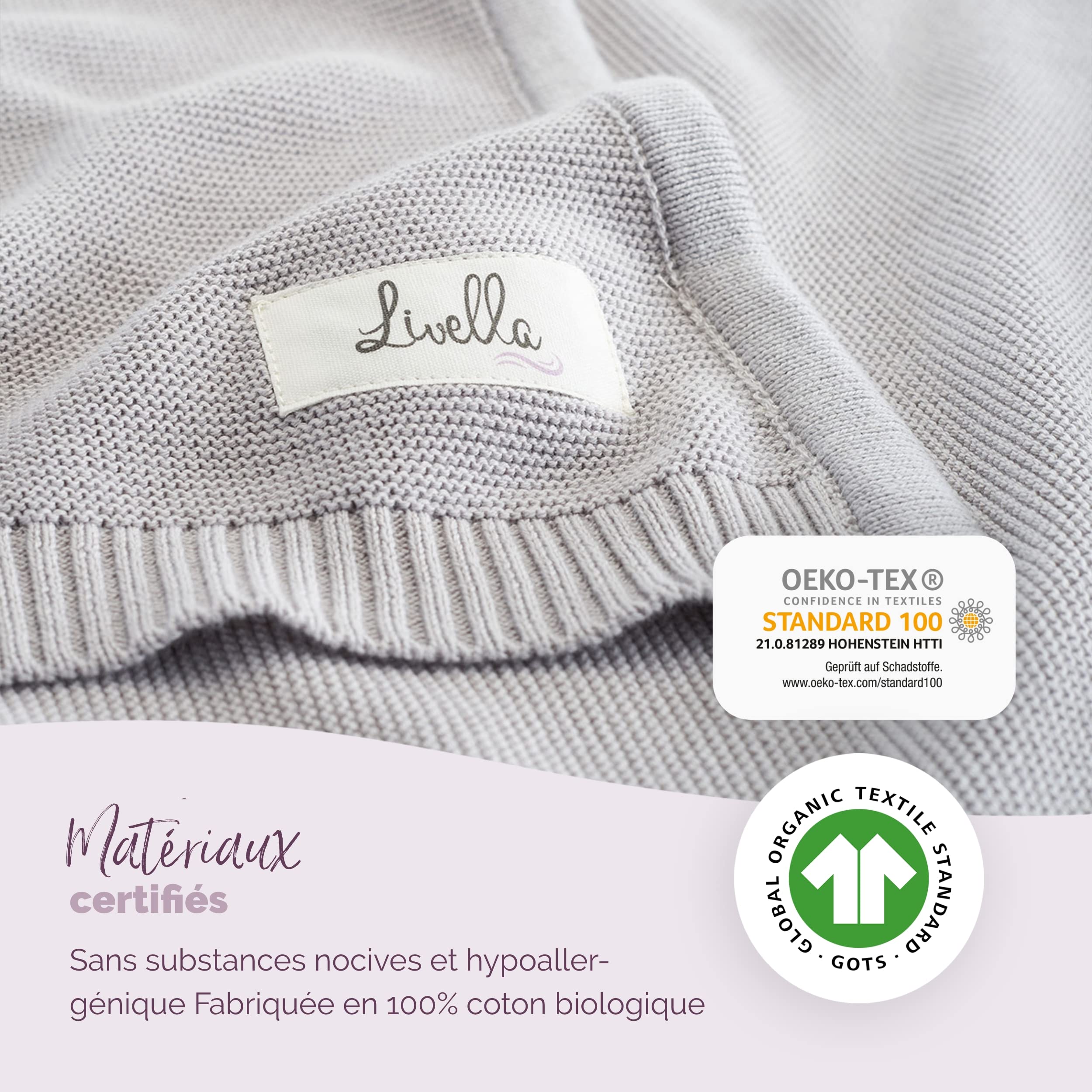Livella Couverture Bébé 100% Coton Biologique, Couverture en Tricot de Qualité Supérieure, Super Douce et Respirante, Parfaite pour la Peau Sensible de Bébé, Certifiée Oeko-TEX Standard 100 et GOTS