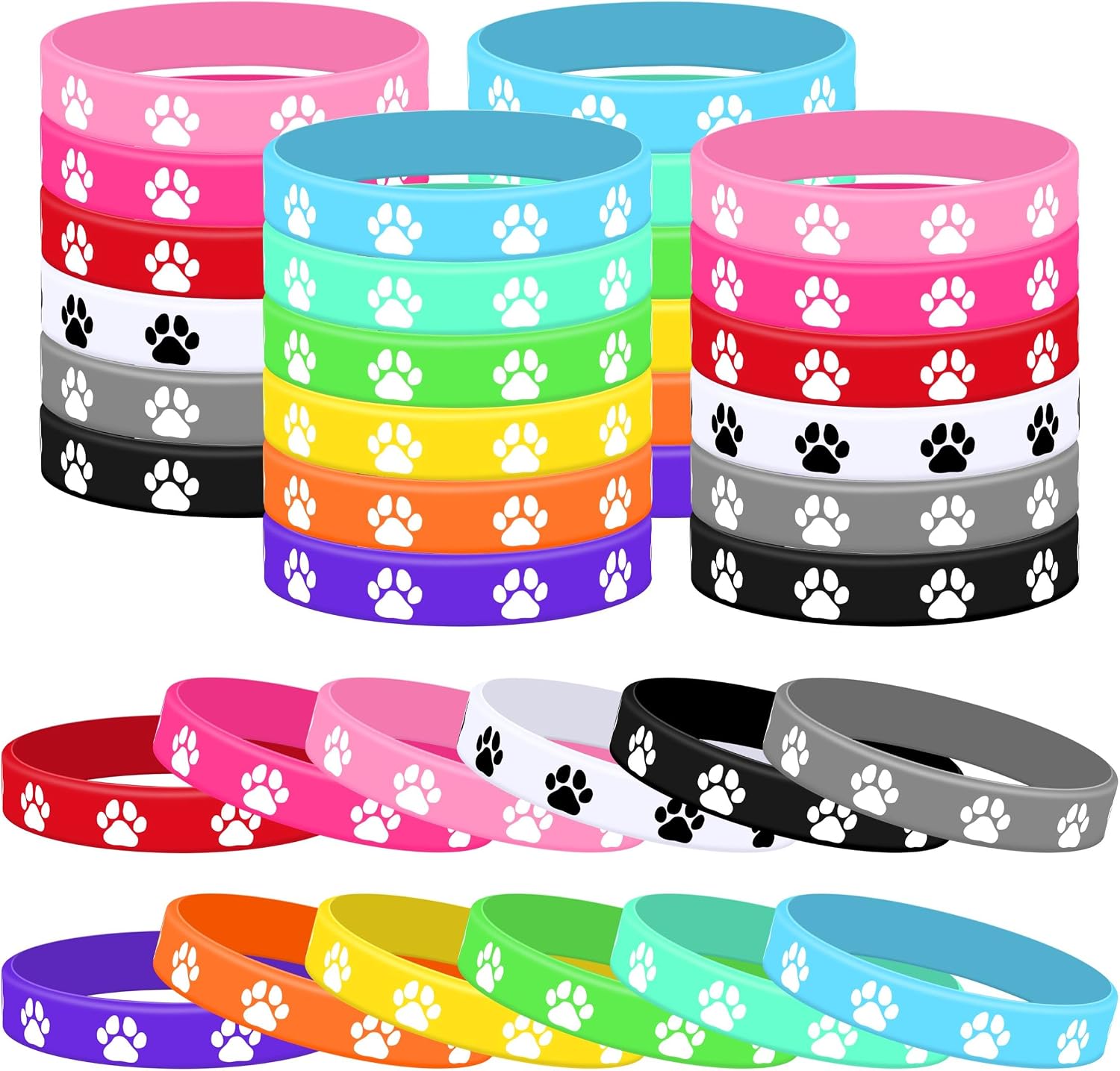 Lesnala 48 Pcs Dog Paw Print Rubber Bracelets for Party Favor 12 Colors