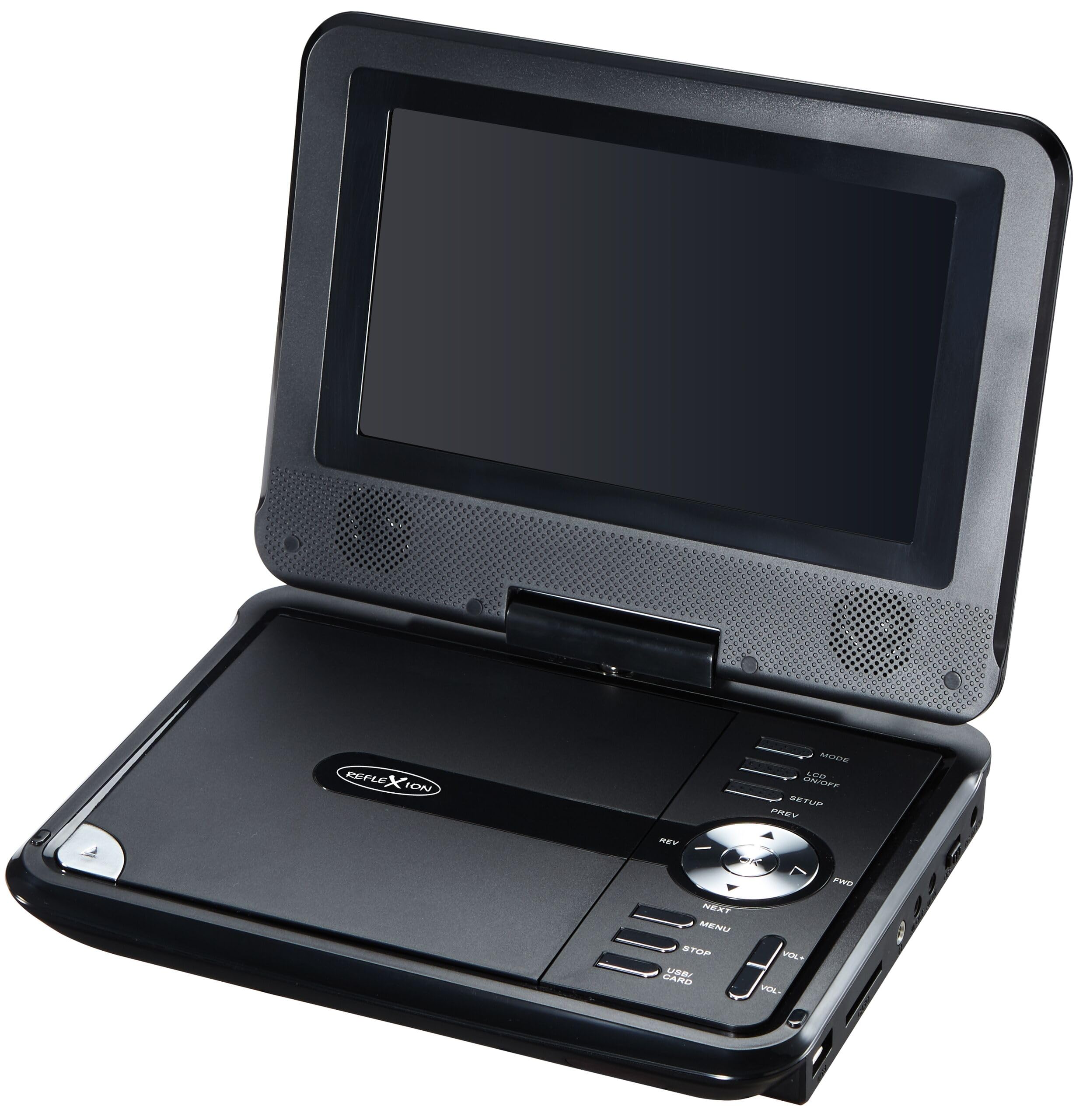 Reflexion Monitor LCD con reproductor de DVD, estéreo, batería, USB de 7 pulgadas, ranura SD, adaptador de coche de 12 V, rotación de 180 grados/plegado, sistema electrónico antigolpes