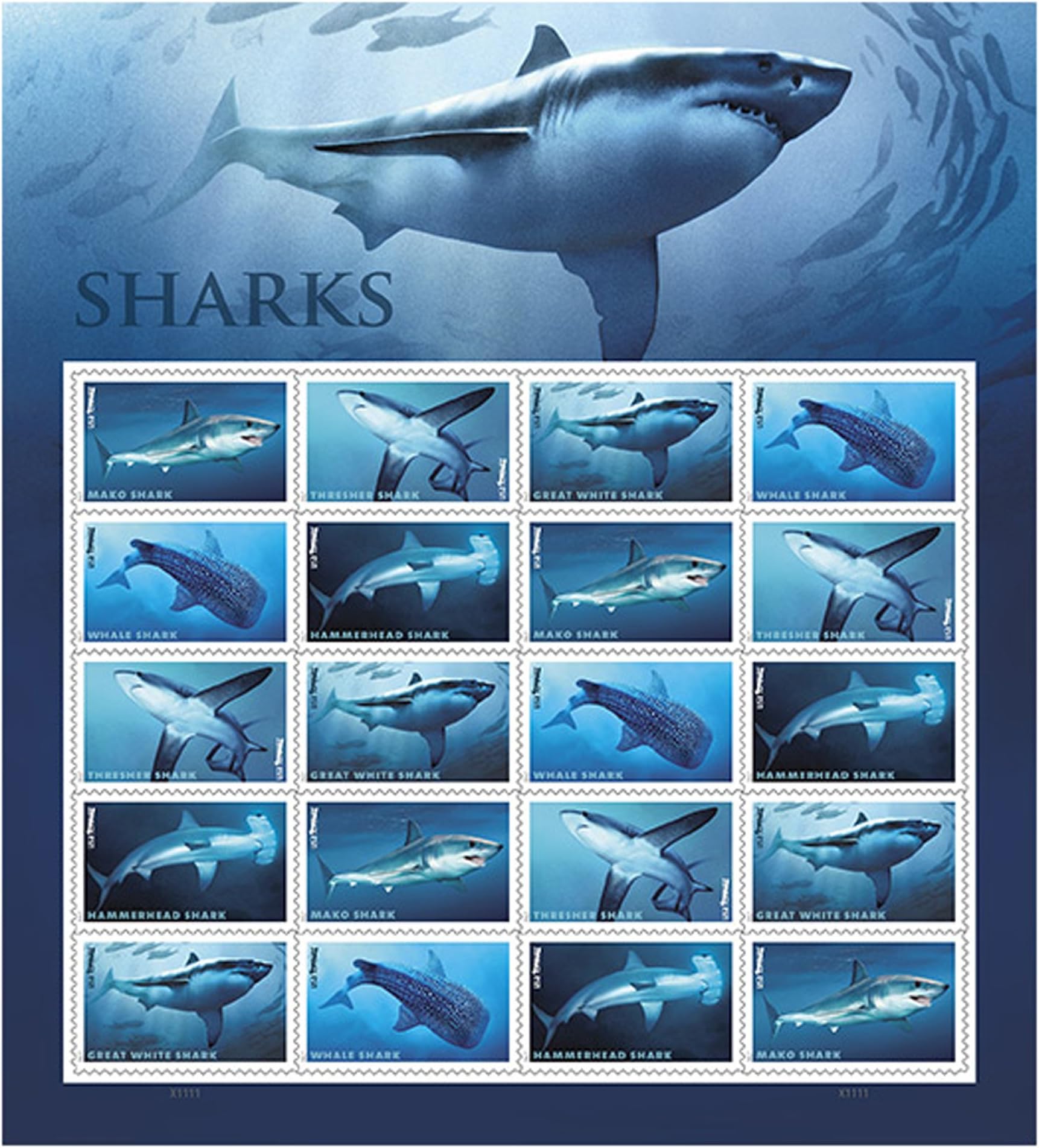Shark Sheet of 20 Forever First Class one Ounce Postage Stamps Ecotourism Conservation Preservation Ecology Nature