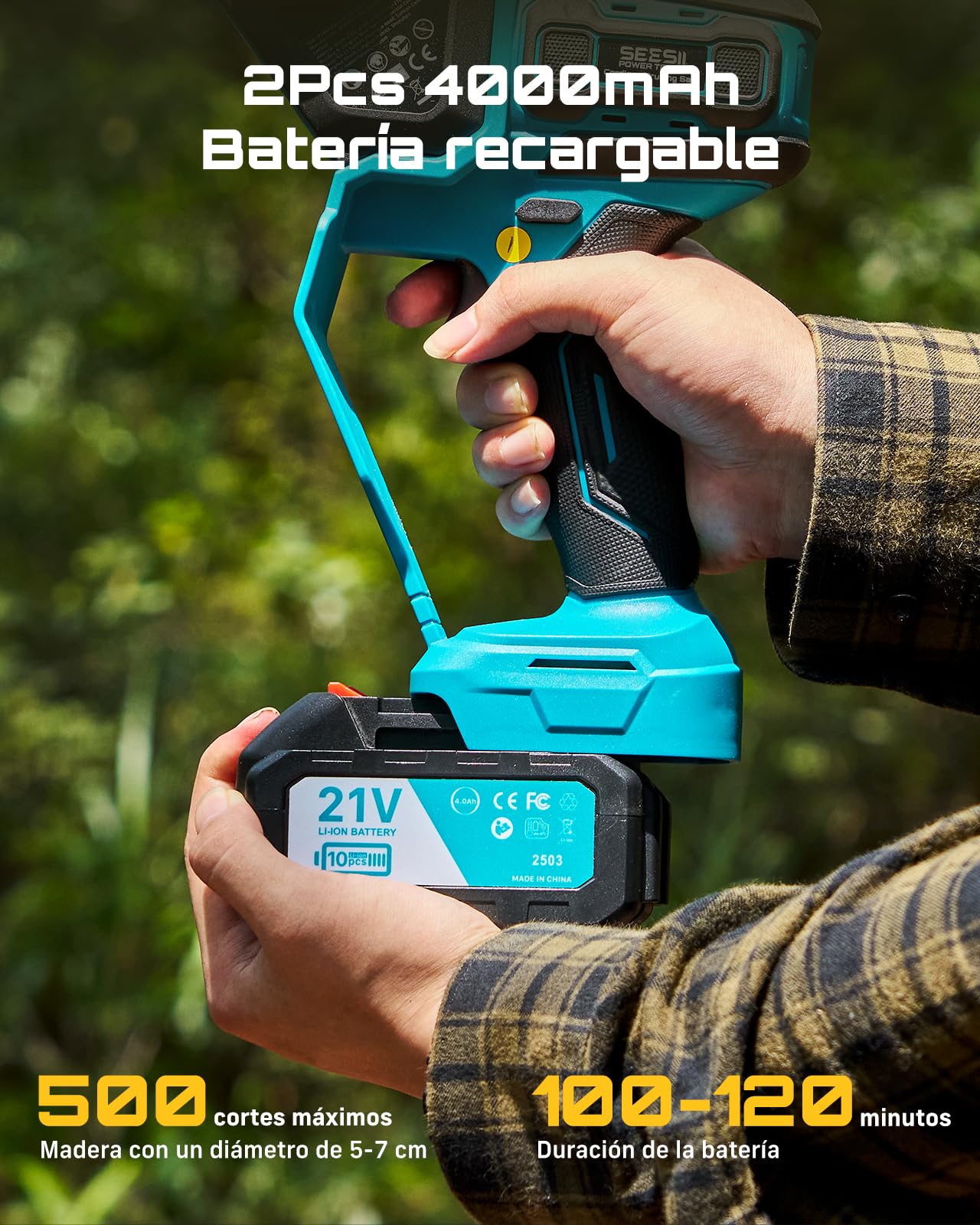 SEESII 6 & 8 Pulgadas Motosierra Bateria, 1000W Brushless, Mini Motosierra con 2*4000mAh Batería, Sierra Eléctrica para Podar con Lubricación Automática, Motosierras Pequeñas Árboles y Cortar Madera