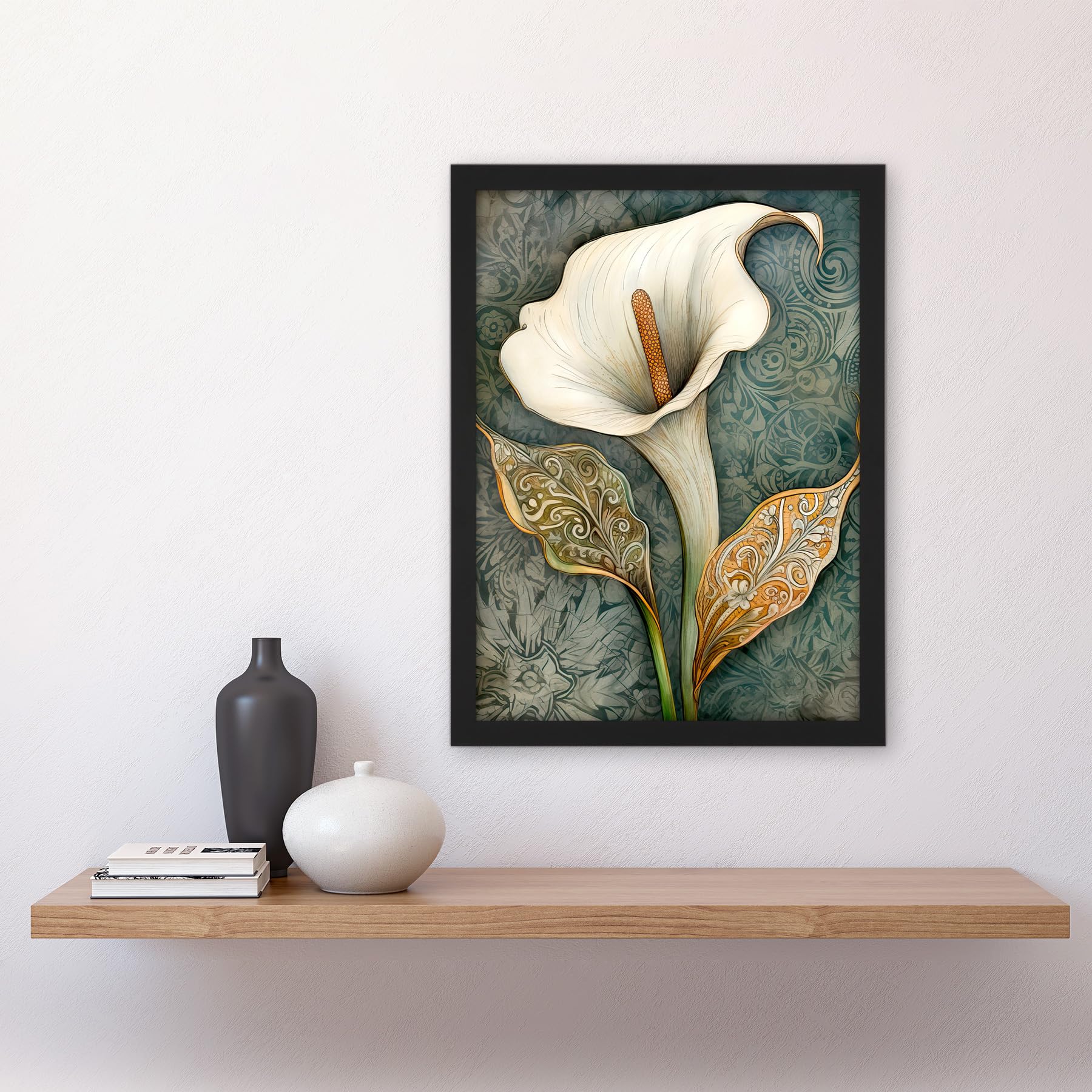 Artery8 William Morris Style Art Nouveau Calla Lily Flower Artwork Framed A3 Wall Art Print, Framed Black A3, 45.5L x 33W cm - Image 2