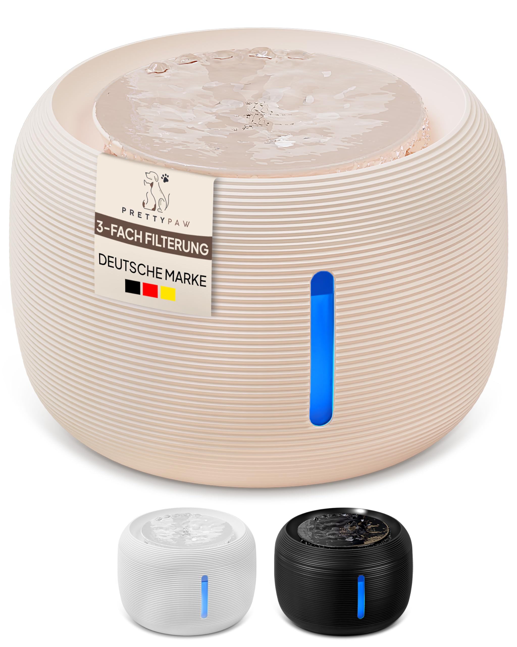 Pretty Paw Trinkbrunnen für Katze – Flüsterleiser 2,5L Katzenbrunnen mit LED & Aktivkohlefilter - BPA-frei & leicht zu reinigen - Hochwertige Lösung zum fairen Preis - KatzenOase Pro