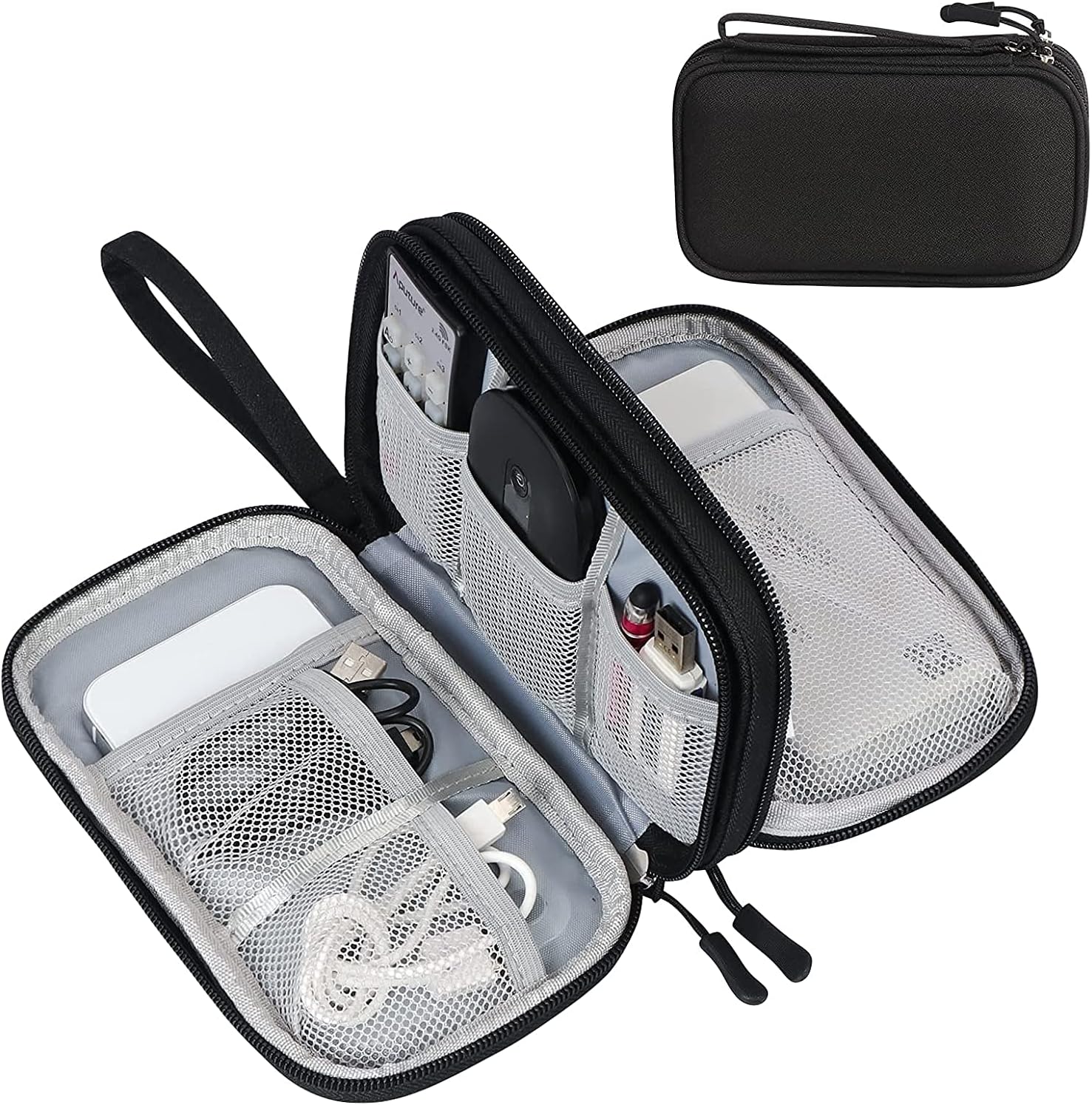 Travel Cable Organizer Bag Electronic Accessories Portable Waterproof Carrying Bag Double Layers All-in-One Storage Bag for Cord, Charger, Phone and Earphone - Black