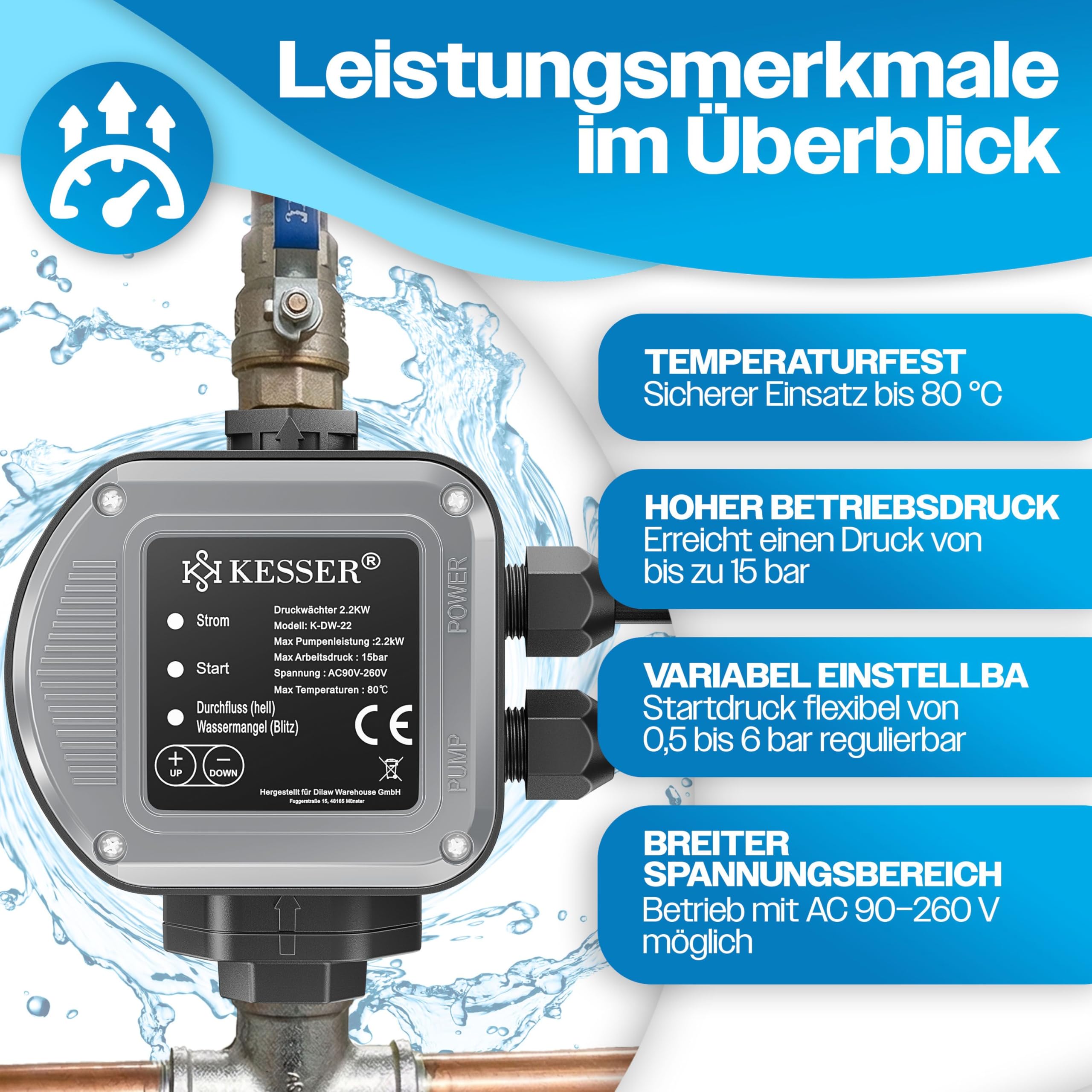 KESSER Interruptor de presión con regulador de presión, 15 bar, control de bomba, sistema de agua doméstica, riego de jardín, con cable, presión de agua constante, para jardín y casa, encendido y