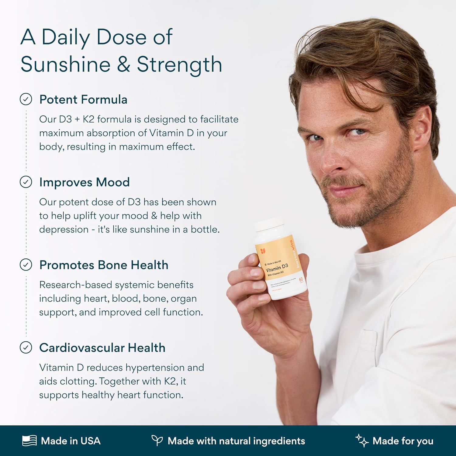 Bettervits Vitamin D3 5000 IU for Women and Men | with High Strength K2 Vitamins for Immune Support and Bone Health | Vitamin D Supplements with Calcium Absorption | 60 Vegetarian Capsules