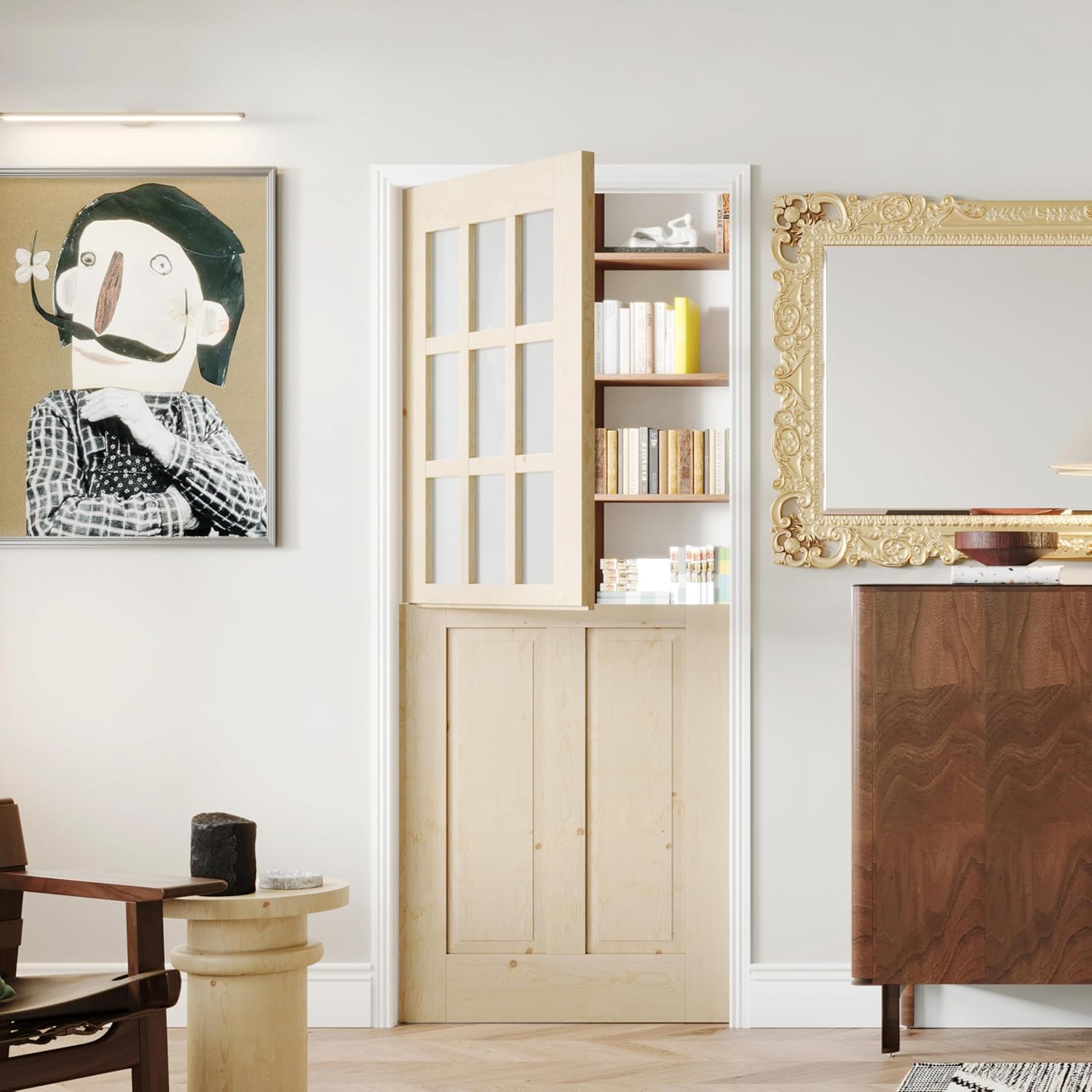 36" x 80" Pantry Doors, 9-Lite Frosted Glass Split Single Dutch Door Slab, Modern Style Farmhouse Closet Doors, Natural Pine Wood(Hinges Not Include)