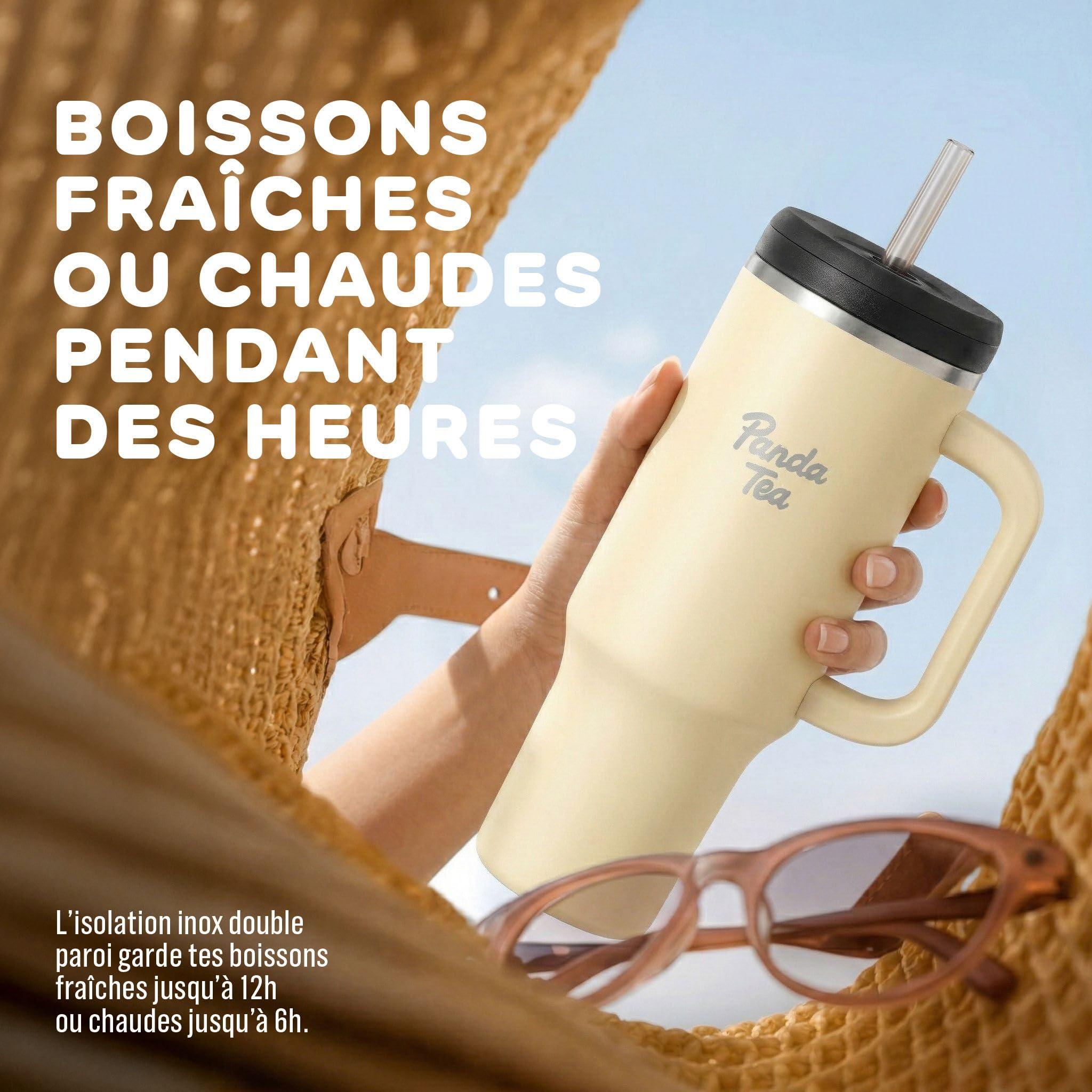 Panda Tea - Mug XXL avec Paille - 1180 mL - Bleu - Gourde Inox isotherme avec Paille – Boissons Chaudes & Froides - Bouteille Double Paroi – Gourde Grande Capacité