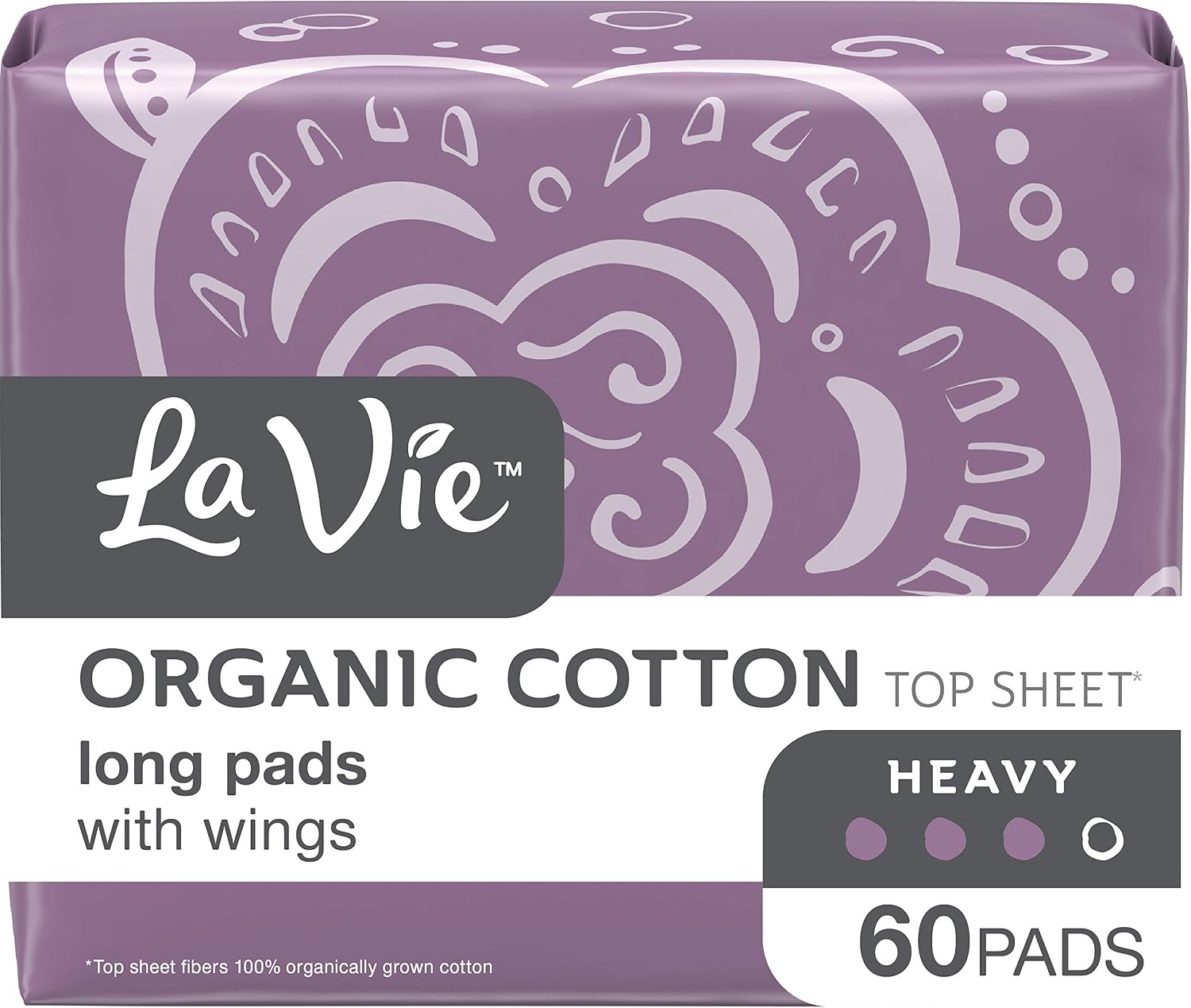 La Vie Organic Cotton Top Sheet* Feminine Pads with Wings, Heavy Absorbency, Long, 60 Count (3 Bags of 20)