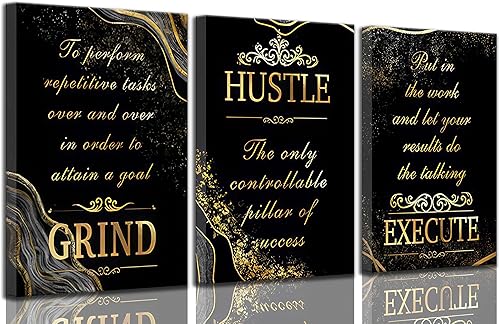 3 piezas de lienzo inspirador de oro negro para oficina, arte de pared, motivacional, moler ajetreo, ejecución, fotos inspiradoras, decoración de