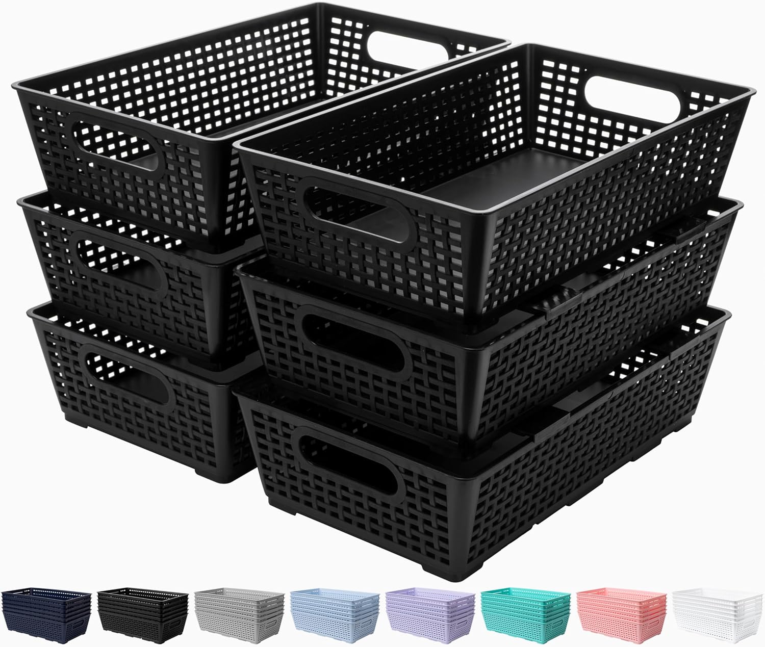 Tiawudi Stackable Woven Plastic Basket, Storage Bins for Cabinet, Closet, Shelf, Under Sink and Countertop, Pantry Organizer Bins, 6 Pack