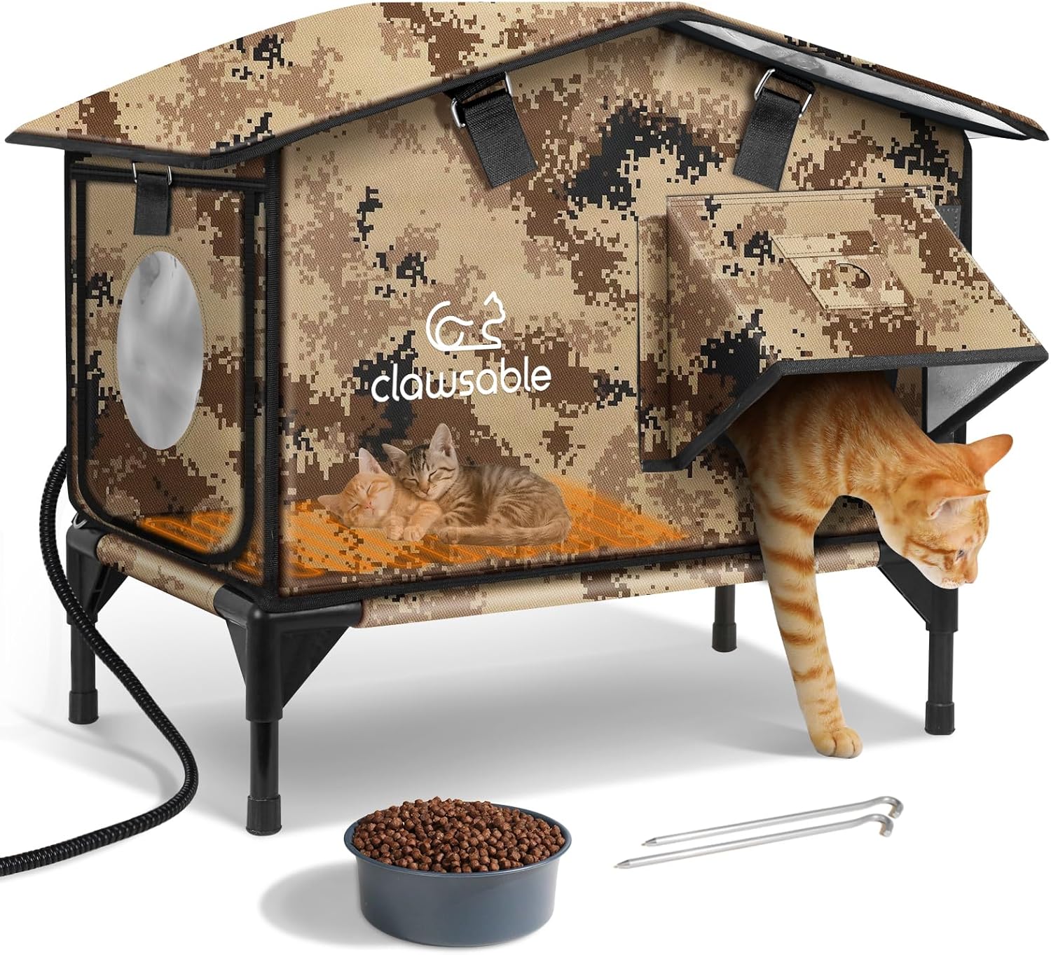 Upgraded Heated Cat House for Outside Escape Door, Highly Insulated Heated Outdoor Cat House Waterproof Awning, Weatherproof Outdoor Feral Cat Shelter for Stray Winter