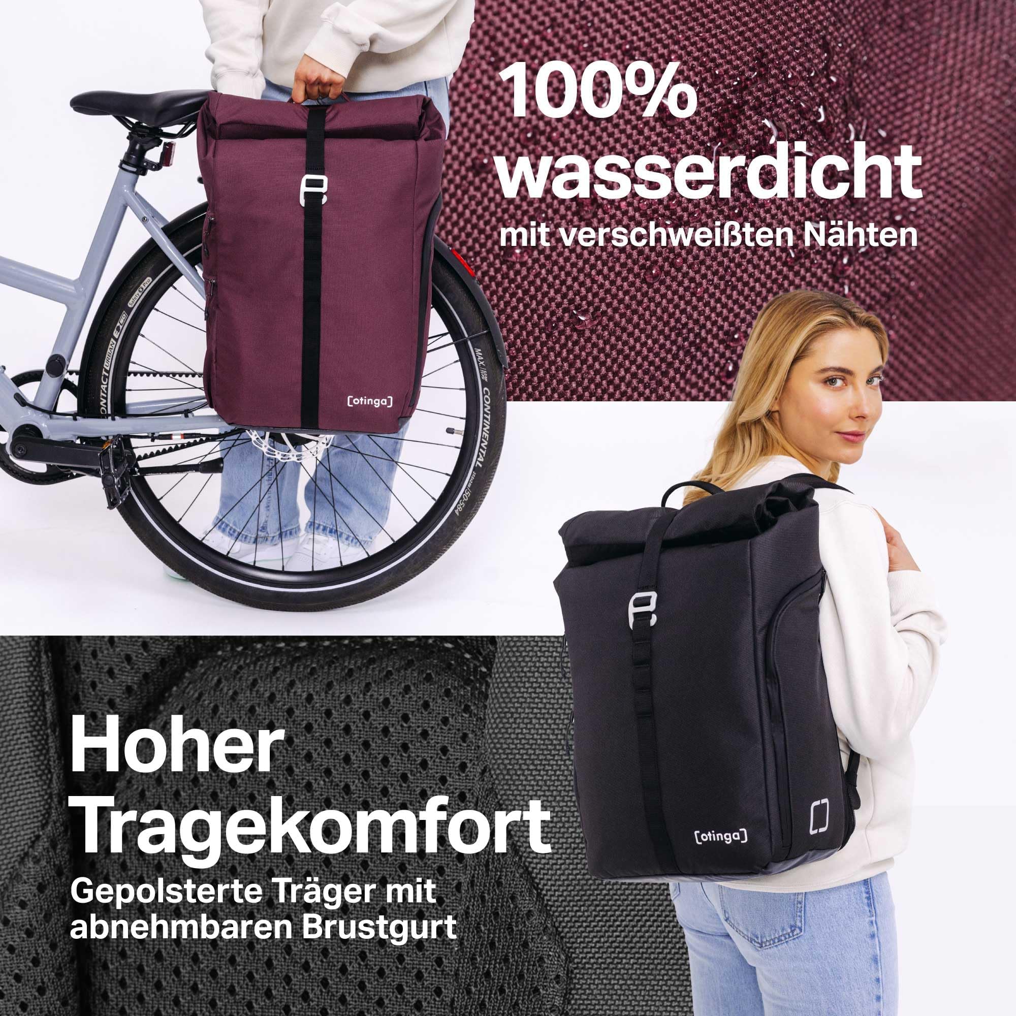 otinga® Flip V2 - Mochila para bicicleta (volumen de 34 L), para cualquier portaequipajes, elegante bolsa portaequipaje con mochila, convertida en 7 segundos, impermeable, Negro , Mochila de