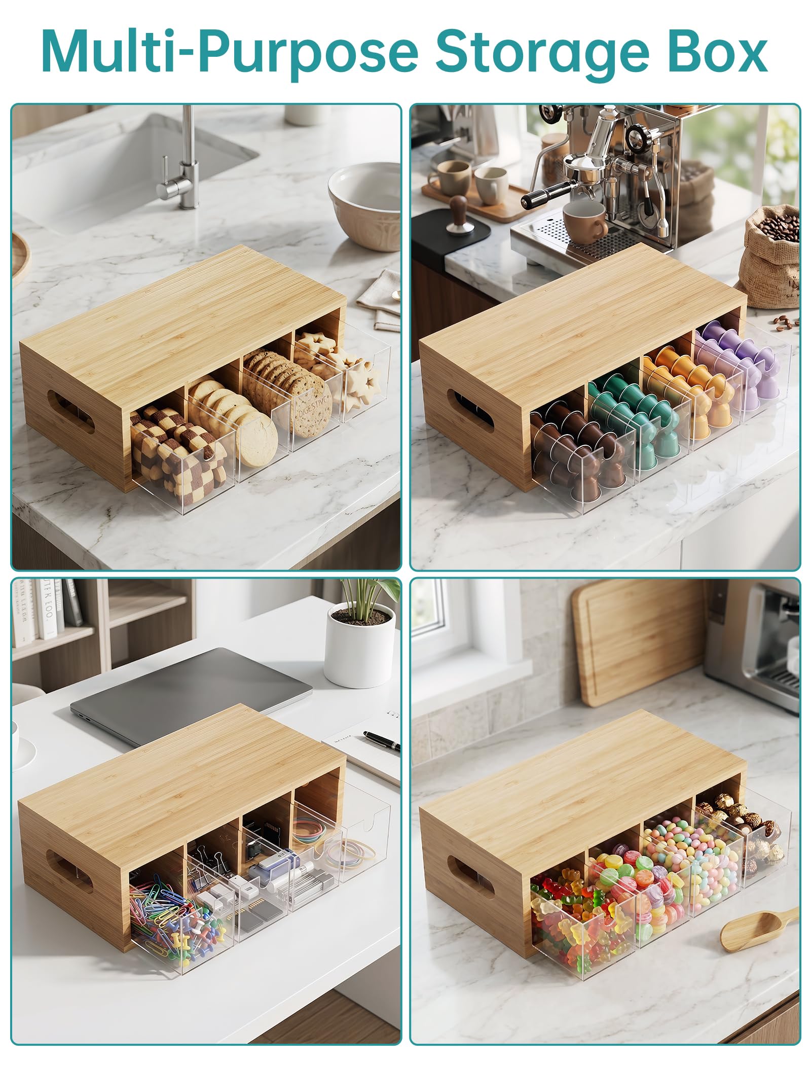 NiHome Boîte à sachets de thé - Bois vernis bambou - 4 compartiments