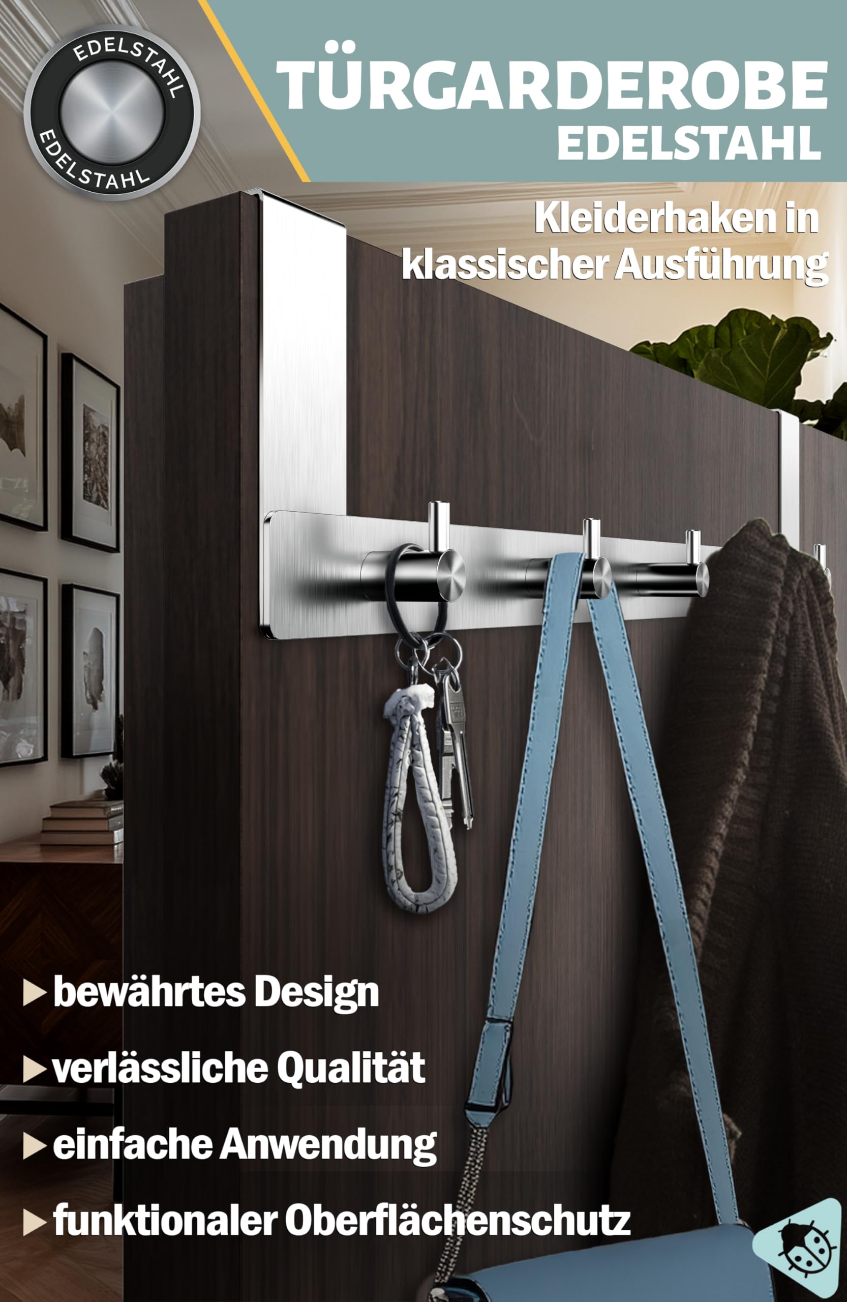 Menz Appendiabiti per porta da appendere, in acciaio inox, con ganci per porta, in versione classica, stabile e stabile per appenderlo, appendiabiti funzionale alla porta