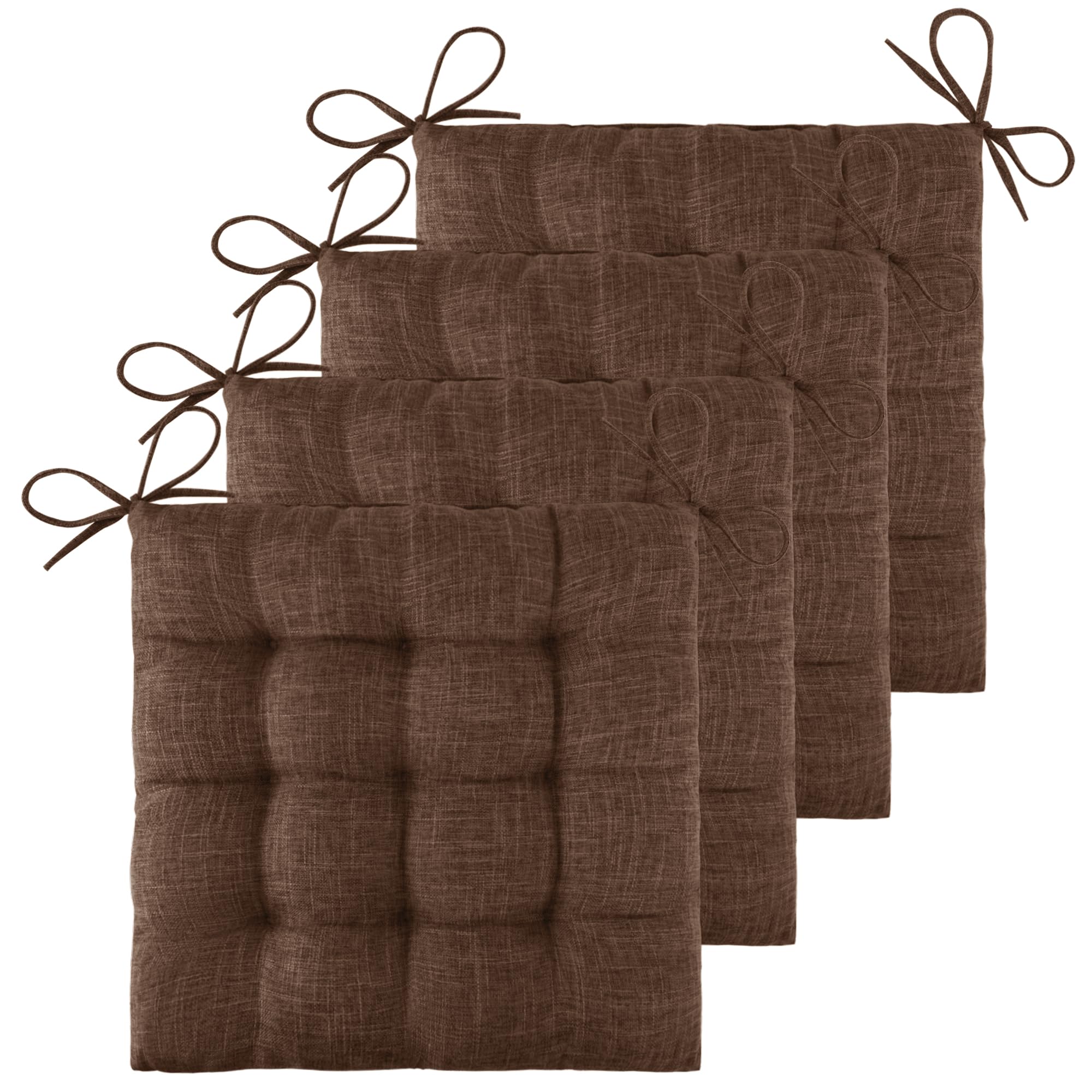 ELFJOY 4 Pack Chair Cushions for Dining Chairs Chair Pads Cushion for Kitchen Office Tufted Textured Square Seat Cushion with Ties (16" Dark Coffee)