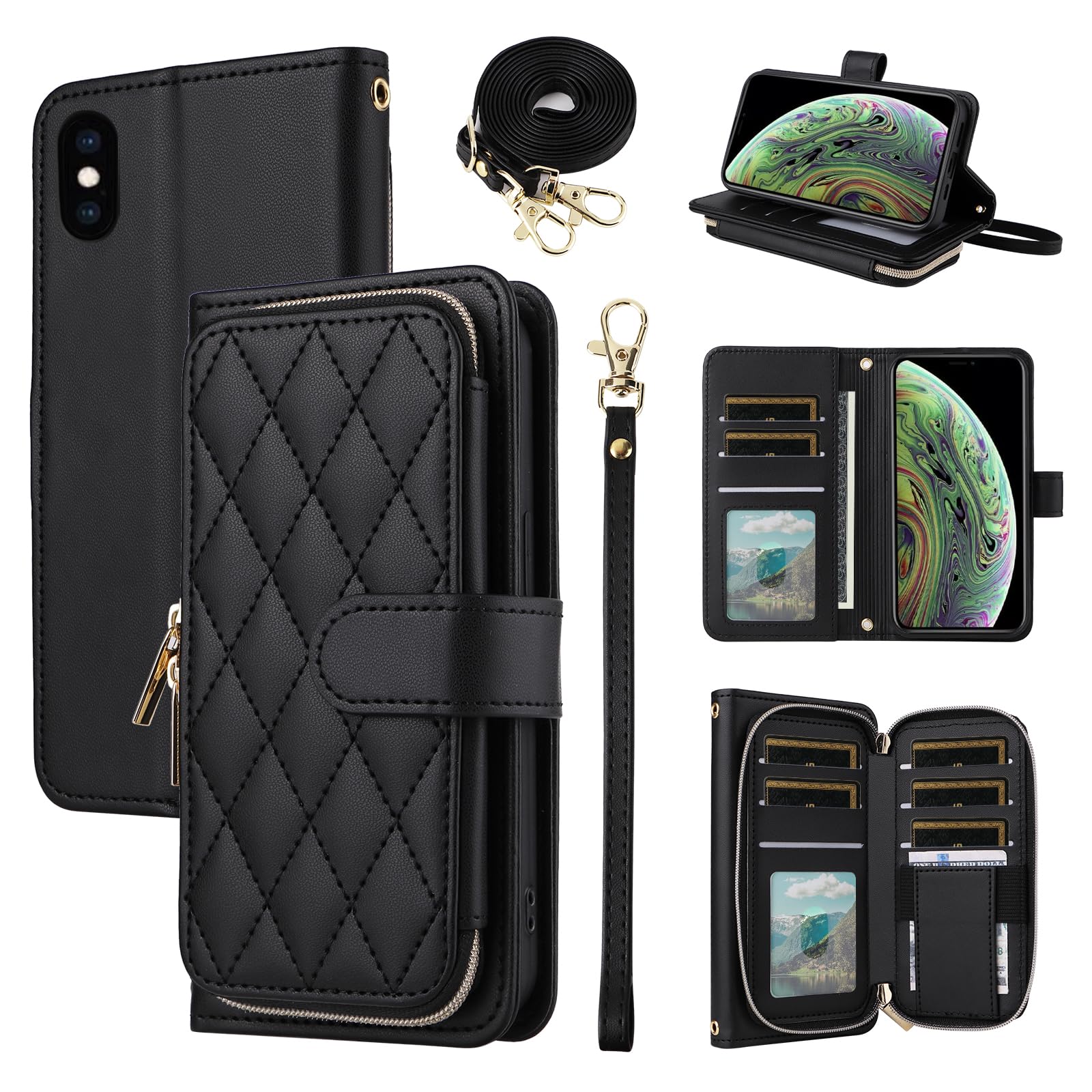 Furiet Argyle Wallet Case for iPhone Xs Max with Wrist Strap Shoulder Strap Card Slots Zipper Purse, Luxury PU Leather Stand Phone Cover for i X XR Xsmax 10x SX Xmax 10xs 10s 10 Plus Xmaxs Black