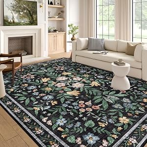 LUXRUG Washable Area Rug 5x7 - Charcoal Black Botanical Floral Living Room Rug Non-Slip Soft Boho Bedroom Rug
