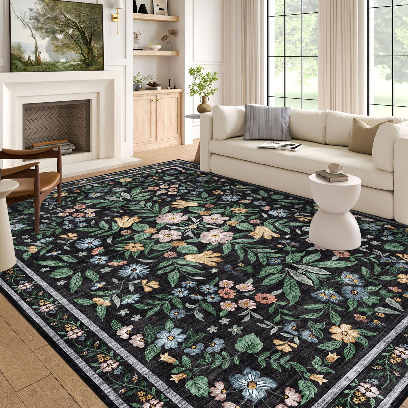 Washable Area Rug 5x7 - Charcoal Black Botanical Floral Living Room Rug Non-Slip Soft Boho Bedroom Rug Ultra-Thin