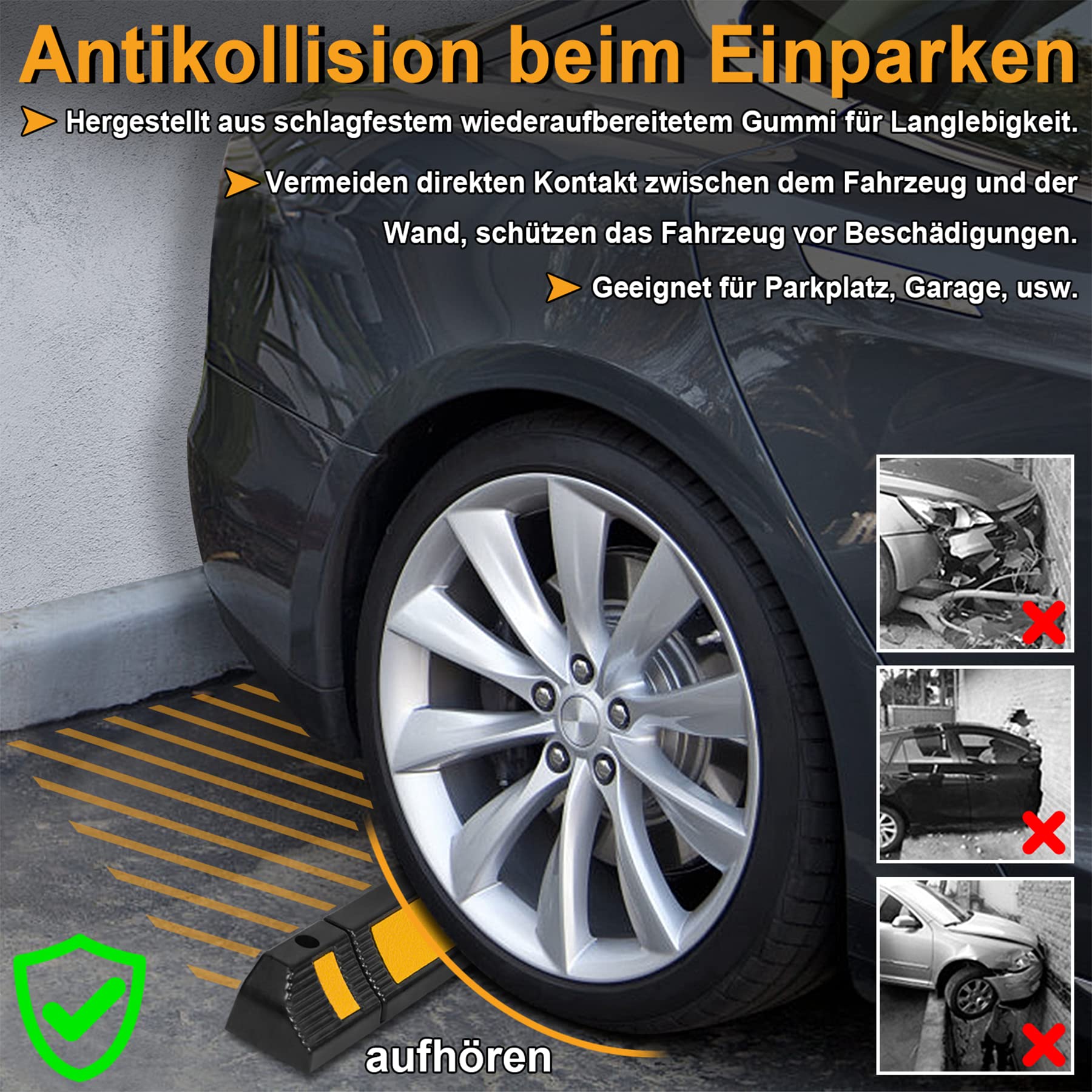 Froadp 2 Pezzi Cuscinetto Ruota di Parcheggio in Gomma Parcheggio con Striscia Riflettente Giallo Protezione Contro Collisioni Aiuto al Parcheggio Cuneo Ruota per Parcheggio e Garage