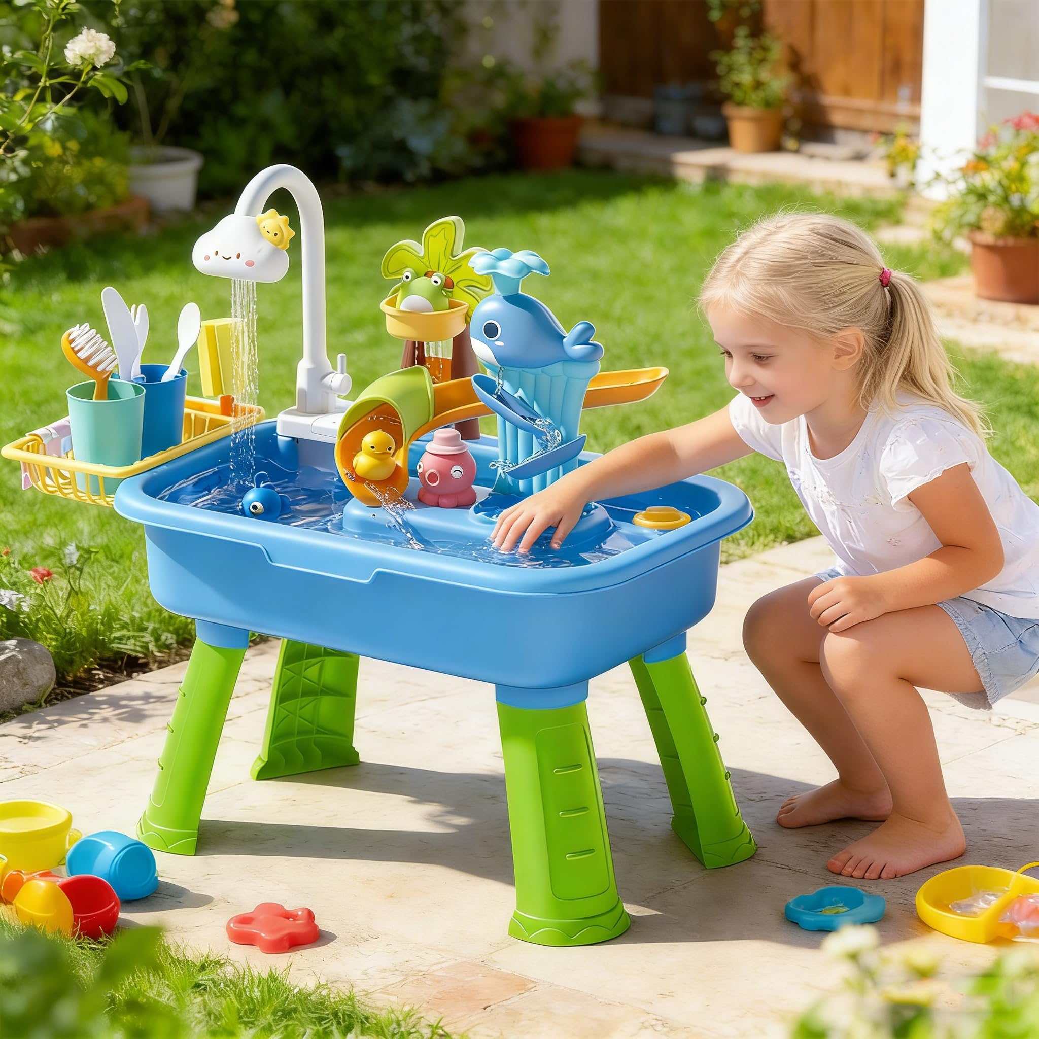 ZVD Table d'eau pour Enfants, Jeux extérieur Enfant avec Robinet à 180°, évier de Jeu à Eau Courante, Pieds Amovibles, Jouet d'eau intérieur pour Maison et Jardin, école Maternelle (Rose)