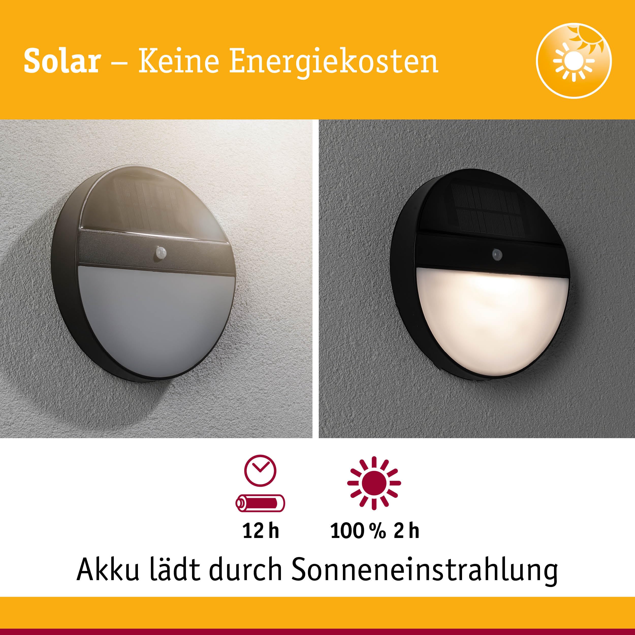 Paulmann 94264 LED Solar Outdoor Wandleuchte Elois rund incl. 1x1 Watt IP44 Außenbereich Anthrazit Solar Kunststoff Solarlampe 3000 K