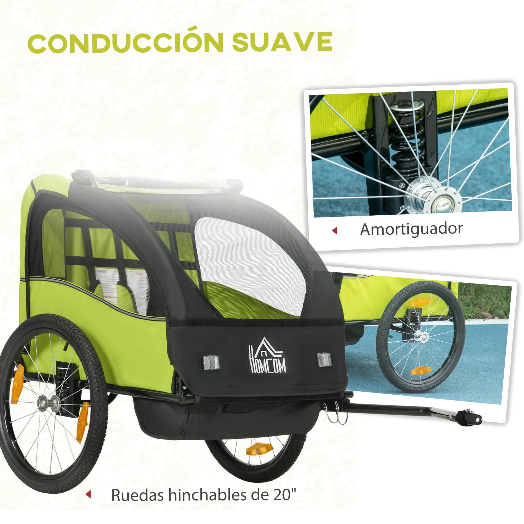 HOMCOM Rimorchio per bicicletta per bambini dai 18 mesi in su, 2 posti, con cintura di sicurezza, vano portaoggetti e sistema ammortizzatore, 140 x 88 x 90 cm, verde