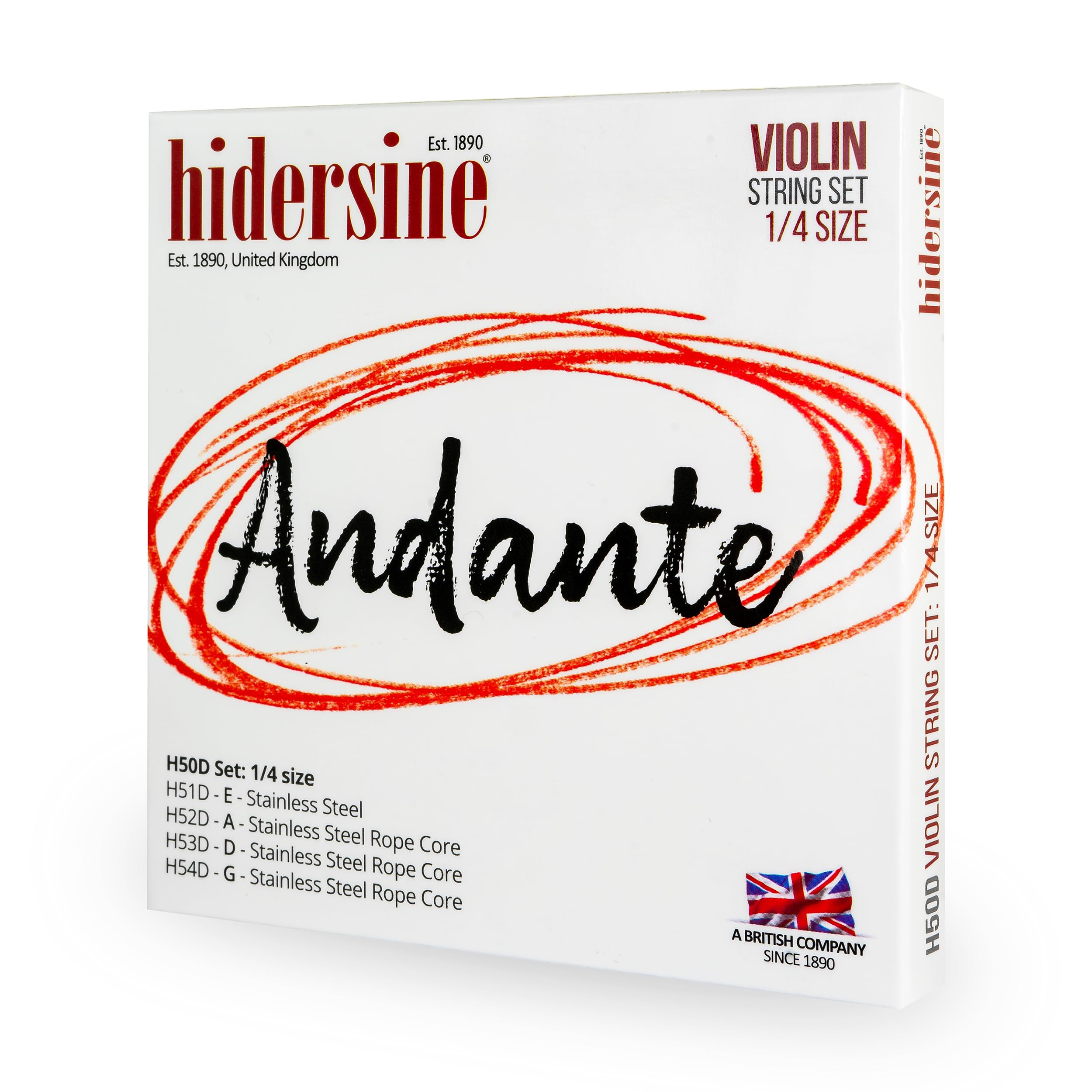 Hidersine Andante Violin Strings SET for 1/4 size., Steel Rope Core for easy playing feel., Great tone and Great Value