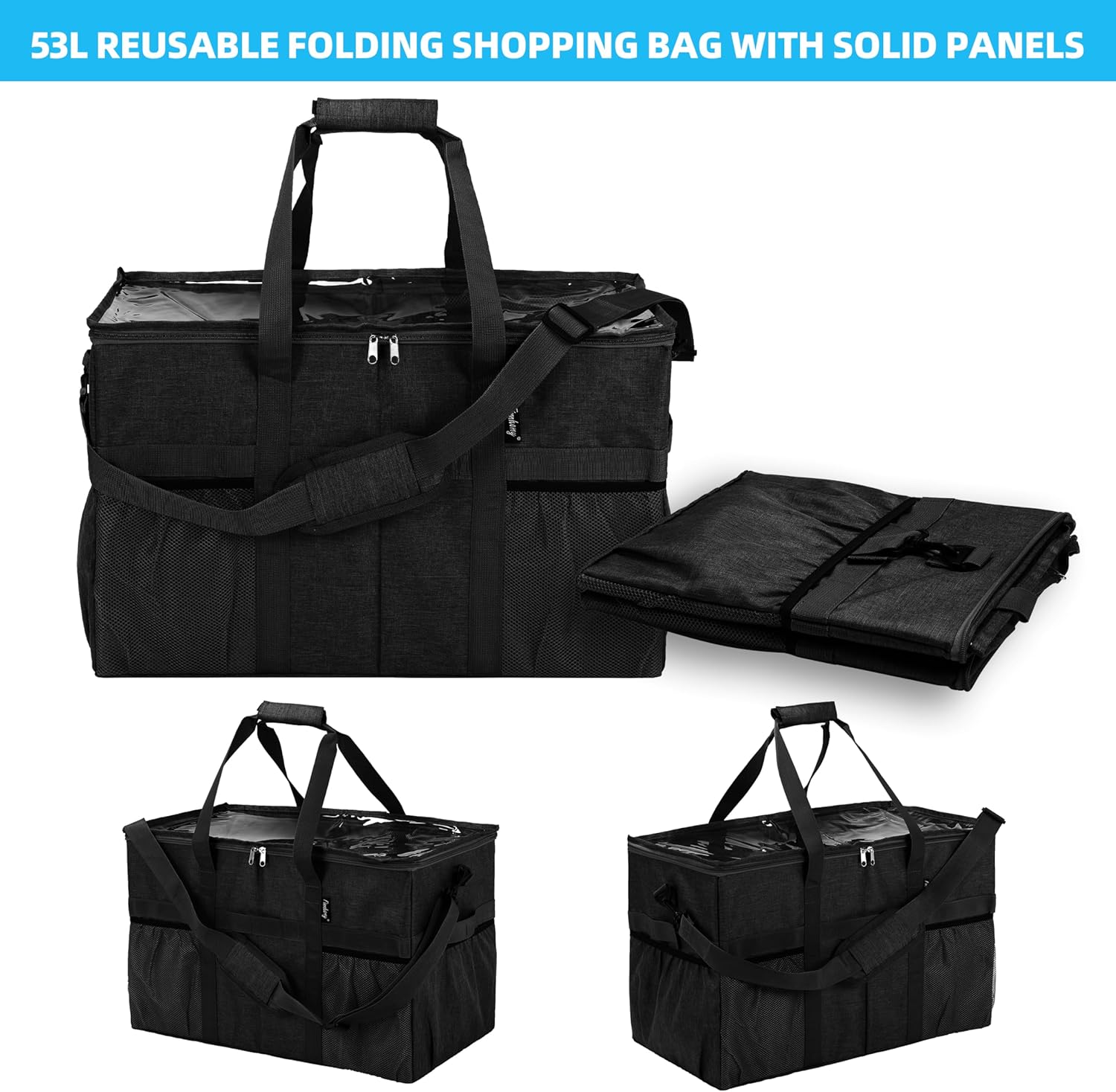 Finnhomy 2pk 53L Large Utility Tote Bag with Zippered Clear Lid, Collapsible Reusable Grocery Bag - Image 5