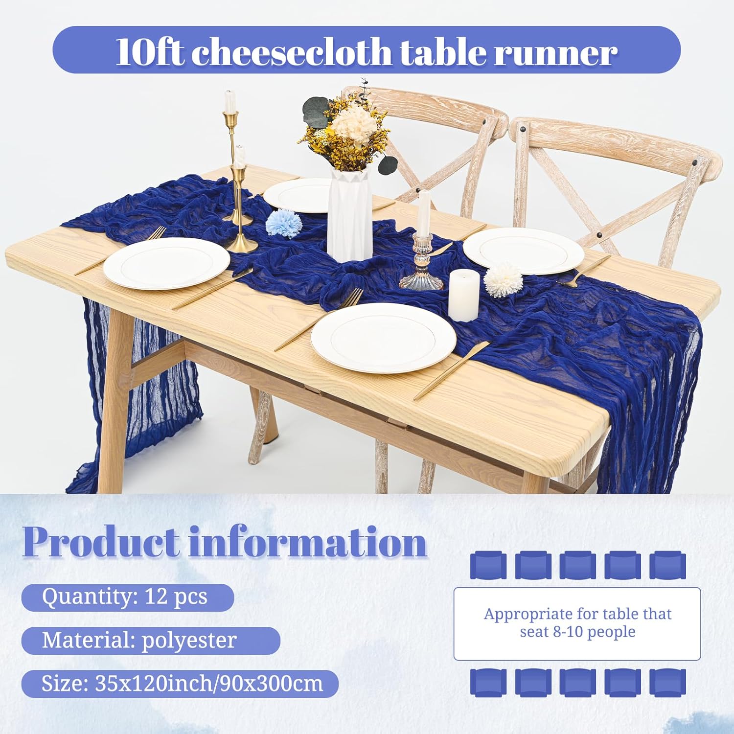 12 Pack Royal Blue Cheesecloth Table Runner - 35 x 120 Inch Gauze Table Runner for Boho Decoration, Wedding, Bridal Shower, Birthday Party
