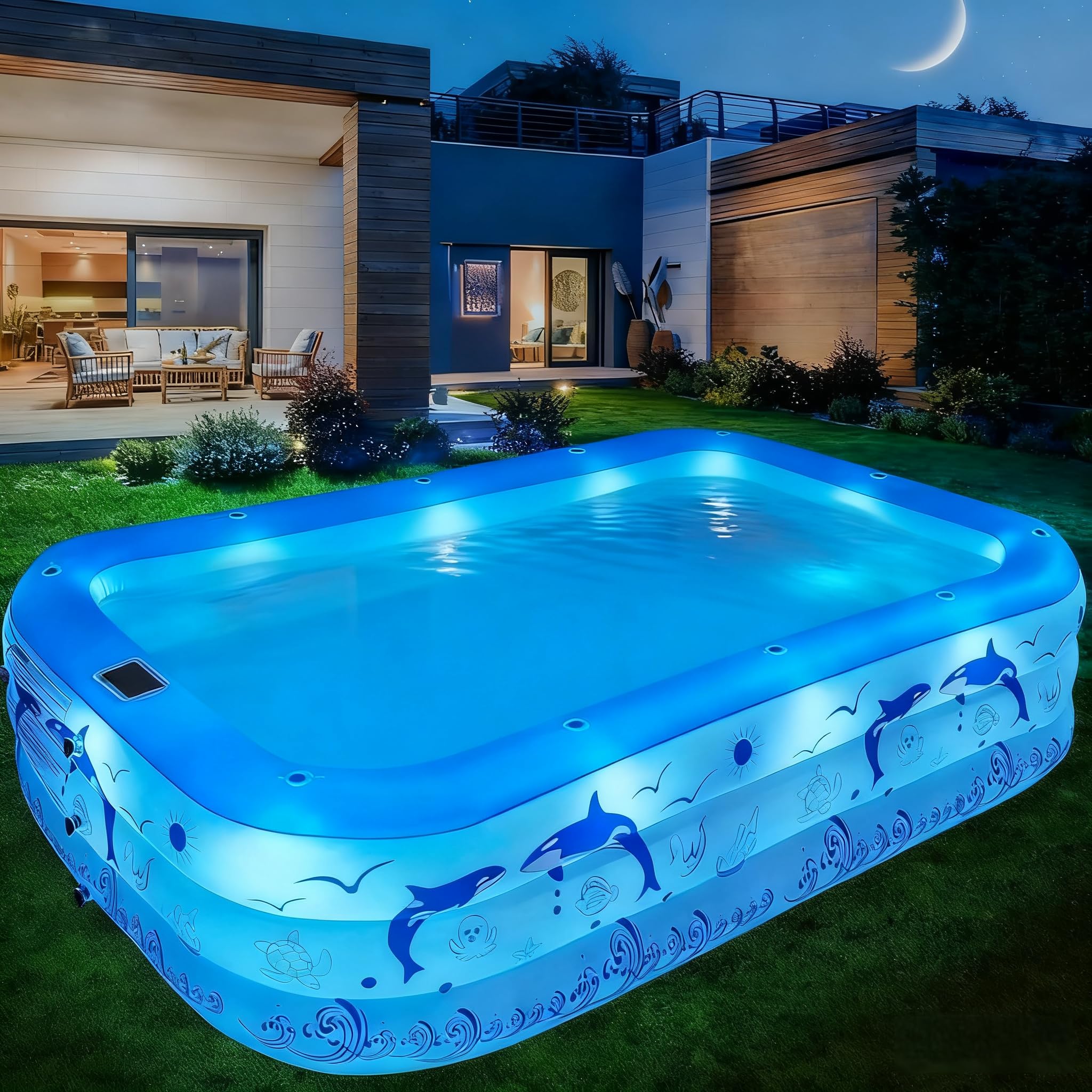 StarOcean Inflatable Pool with Lights, Upgraded Family Inflatable Swimming Pools for Kids,Adults, Blow up Pool Solar, Large Kiddle Pools,105"x65"x25''Oversized Pools for Backyard-Blue