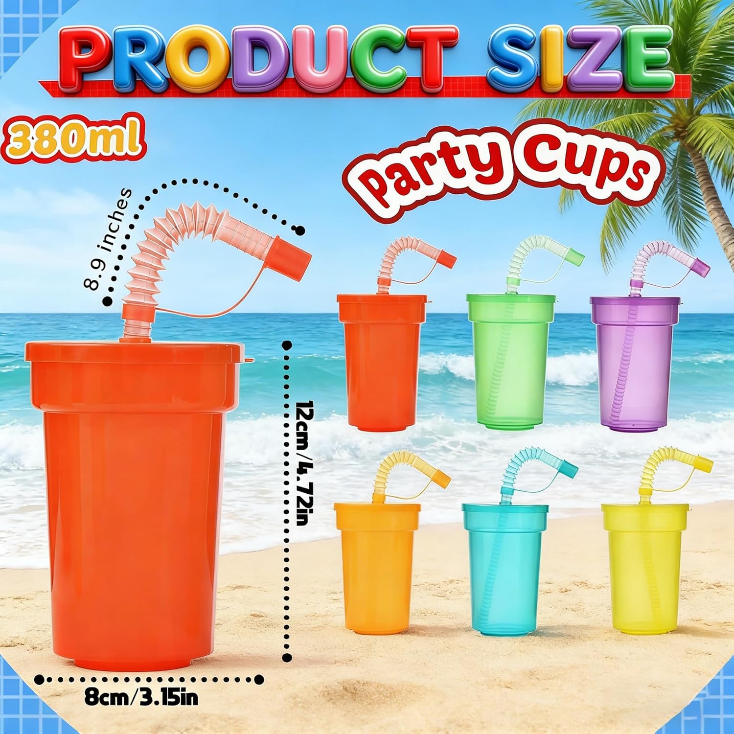 Haundry 12 Pack Kids Party Cups with Lid and Straws, Colorful Plastic Sipper Party Favors Cups for School Events and Birthday Celebrations Supplies - Image 2