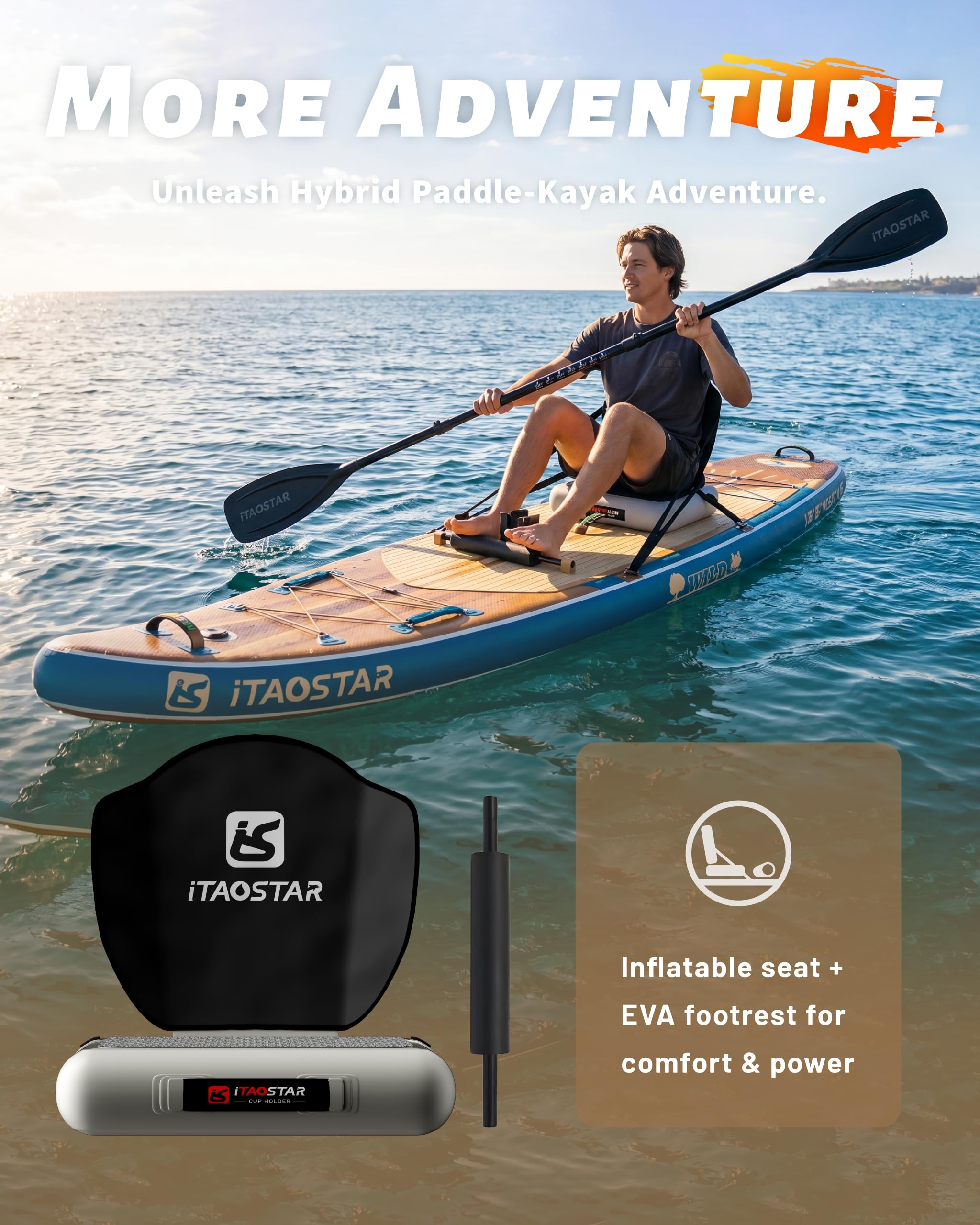 iTAOSTAR Wild 335 × 91/350 × 86/381 × 83 cm Aufblasbares Paddle Board mit Sitz, One-Stop Premium SUP Board Gears, Tailored 5 Fins, Stabile aufblasbare Stand Up Paddle Boards für Jugendliche/Erwachsene