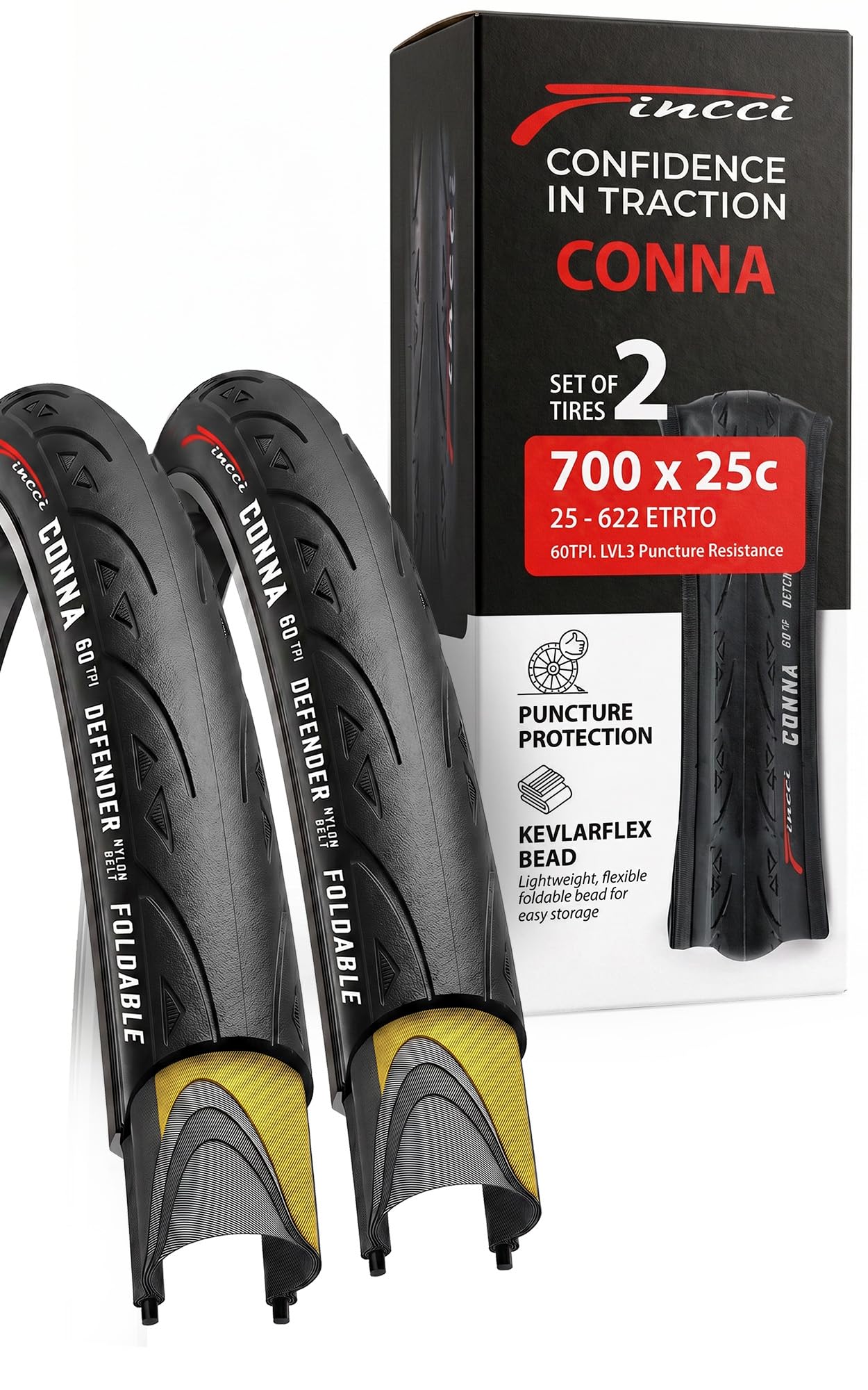 Fincci Pneus Vélo Route 700c x 25c - Paire Pliable Slick Tire 25-622 avec Protection Anti-Crevaison 1mm pour Home Trainer, Adulte & Route & Course Vélo, Tournée Bicyclette - 60 TPI - Un Paquet de 2