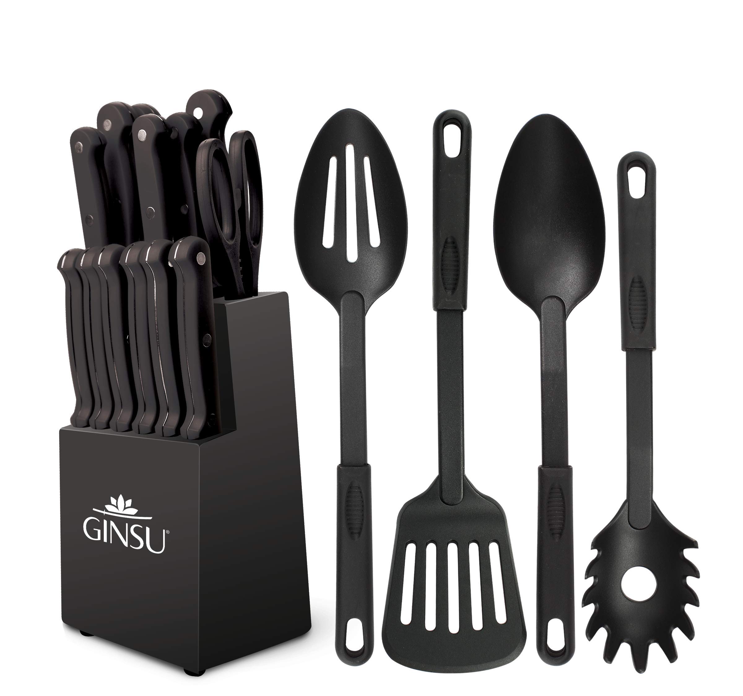 GINSU Kiso® Dishwasher Safe and Always Sharp, 18 Piece Black Knife Set with Black Block