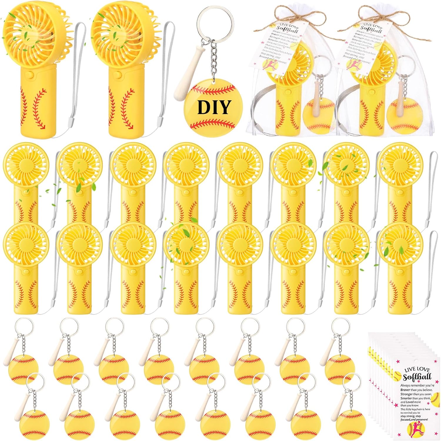 Tuanse 64 Pcs Softball Mini Portable Fan and Softball Acrylic Keychain Set Sport Team Gifts with Motivational Cards Organza Bags Handheld Battery Powered Fan DIY Name Keychains for Summer(Softbal)